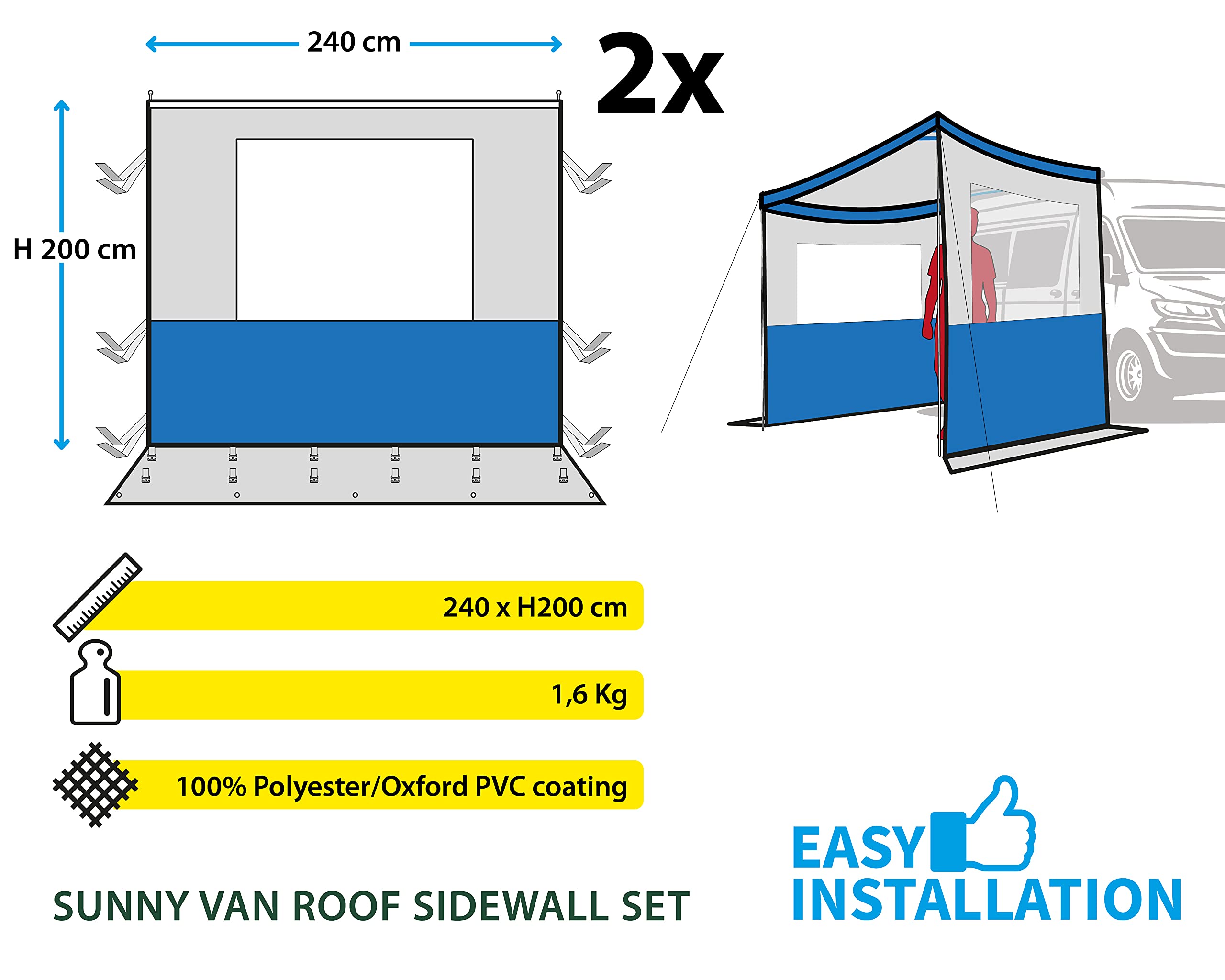 Brunner Sunny Van Roof Sidewall zestaw 2 ścian bocznych do markizy, ochrona przed słońcem do minibusów i vanów, ściany boczne z dużymi przezroczystymi oknami, 240 x 200 cm