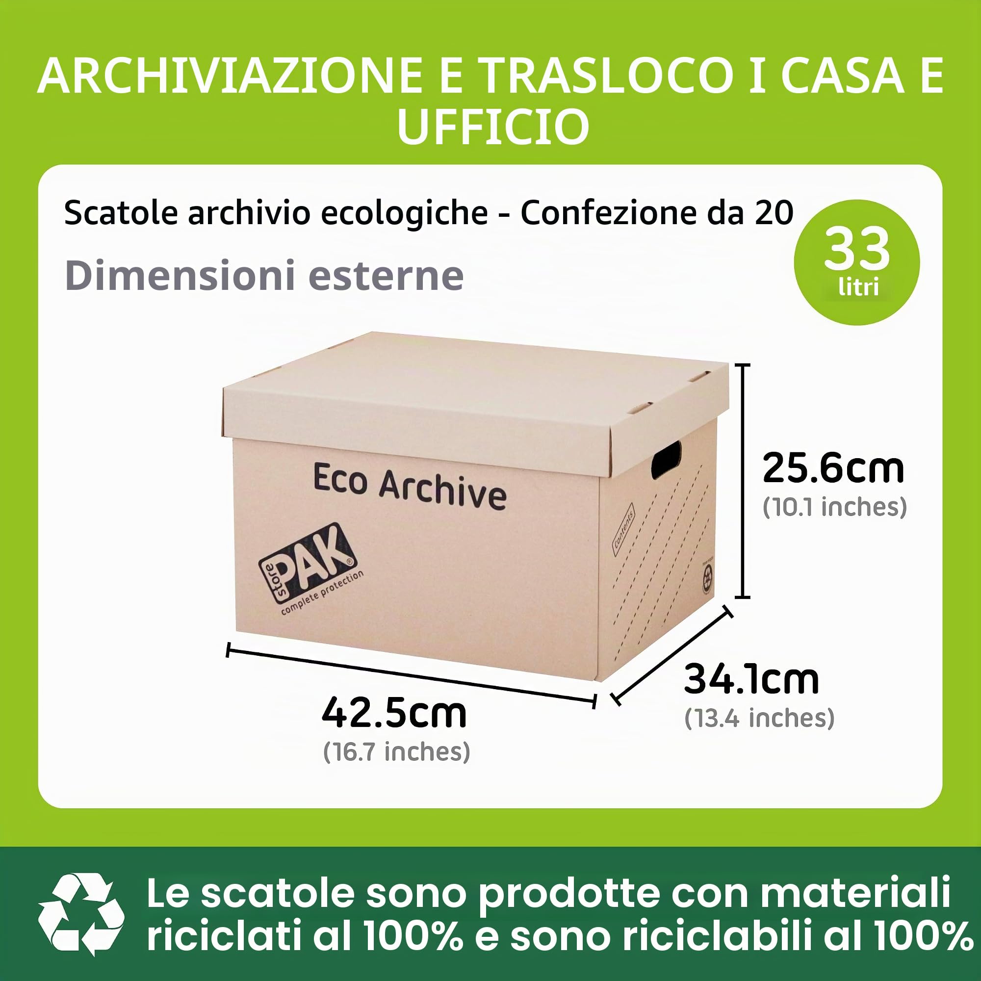 StorePAK Eco Archive - Confezione da 20 scatole di cartone con coperchio, facili da montare, per casa, ufficio e trasloco, 33 litri, 26 x 34 x 43 cm, colore: marrone