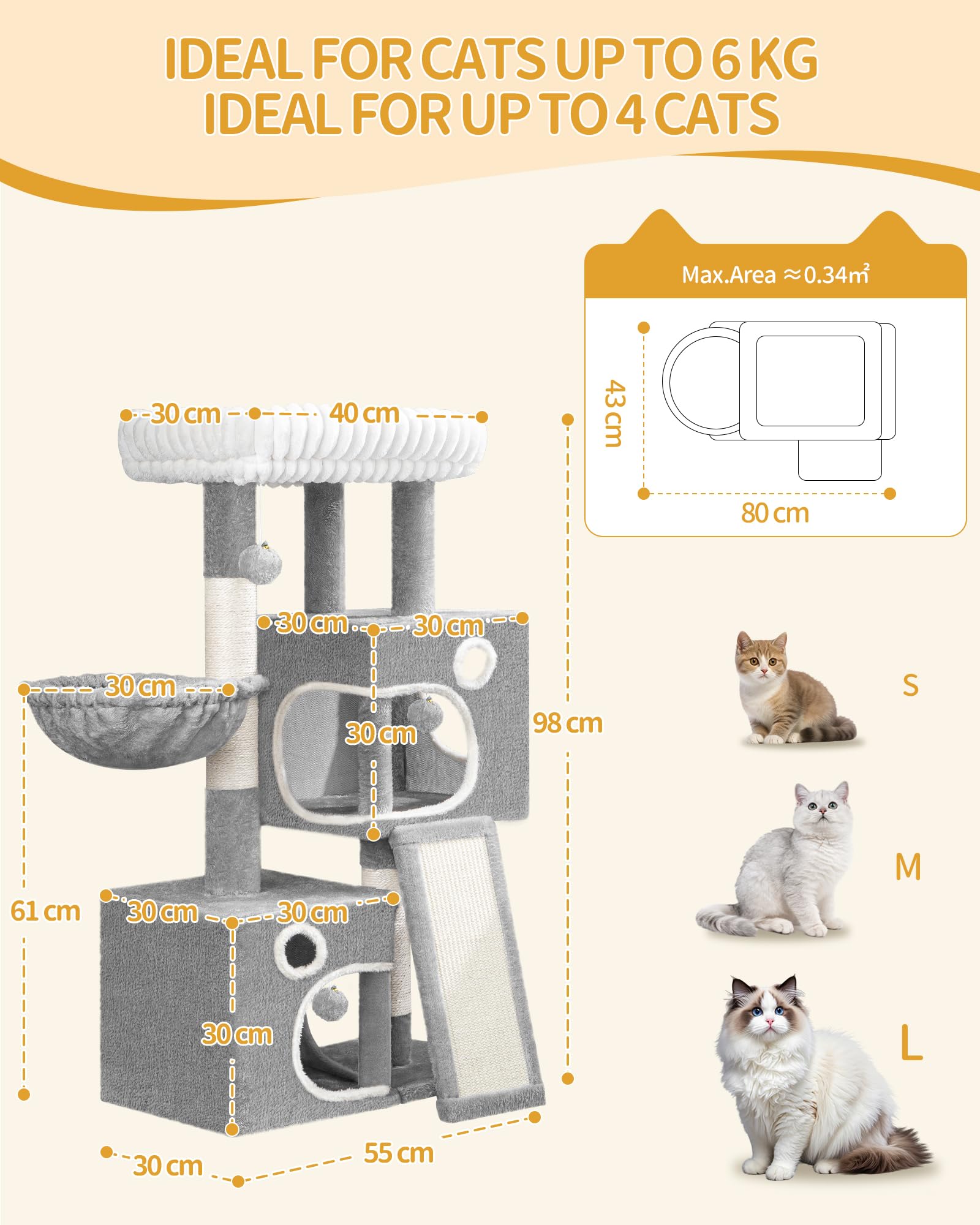 Hzuaneri Árbol para Gatos 98 cm, Rascador para Gatos con 3 Postes, Plataforma, 2 Cuevas, Cesta, Pompón, Multinivel, Gris Claro MS10118LG | Mueble de casa de gatos multinivel con poste rascador, 2 cuevas, plataforma grande, pompón, MS10118LG