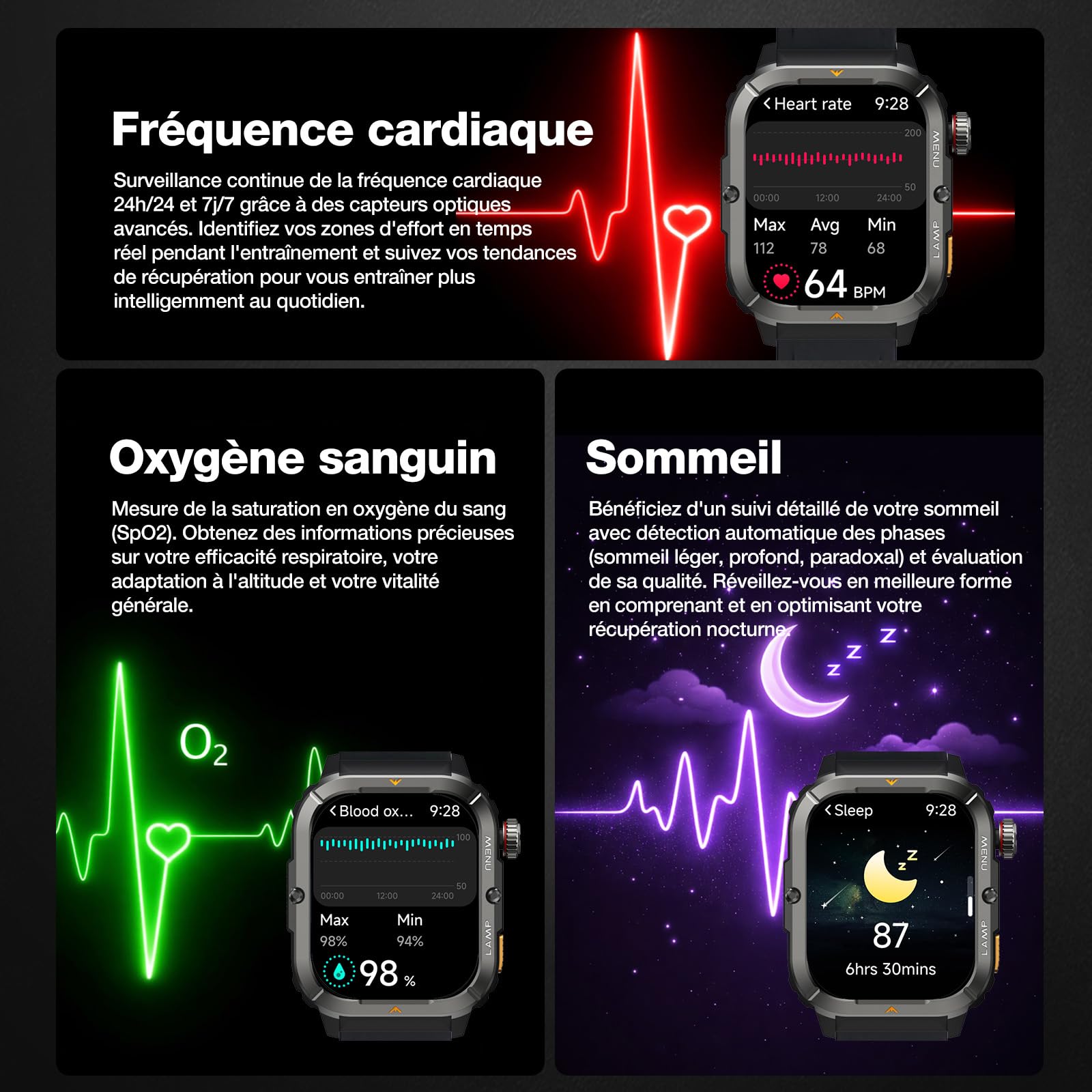 AGM Legion 3 Montre Connectée AMOLED 1,95" 5ATM MIL-STD-810H Lampe LED | Anti-choc Militaire, Écran AMOLED 1,95", MIL-STD-810H, 5ATM, Lampe LED, Appels Bluetooth, Montre Chantier