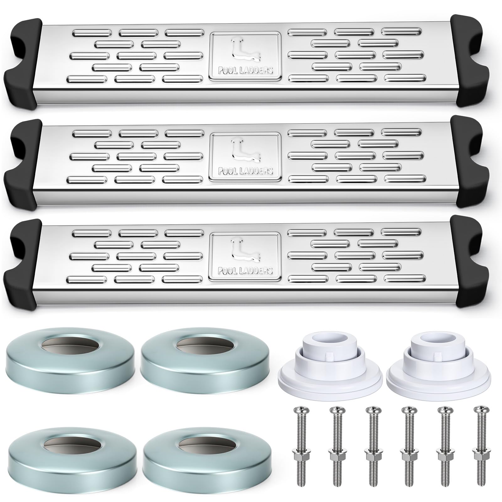 3 Pack Stainless Steel Pool Ladder Step Replacement 1.7" Swimming Non Slip Ladder Rung Step with Bumpers Escutcheon Plates,18" Heavy Duty Ladders for Inground and Aboveground Pool