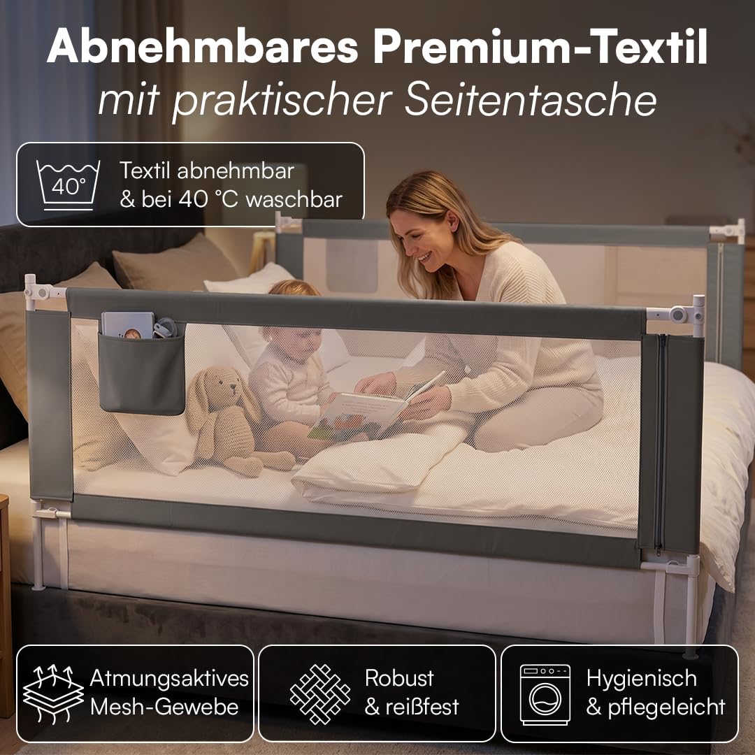 Bellabino Drina Rausfallschutz – Bettschutzgitter 180 cm Dunkelgrau – Bettgitter höhenverstellbar 69-99 cm – Baby Bettumrandung inkl. Seitentasche Schutzgitter mit Sicherheitsgurt Bett/Kinderbett