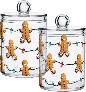 ALAZA 2 Pack Qtip Holder Dispenser for Cotton Ball Gingerbread Christmas Bells Swab Cotton Round Pads Clear Plastic Acrylic Jar Set Bathroom Canister