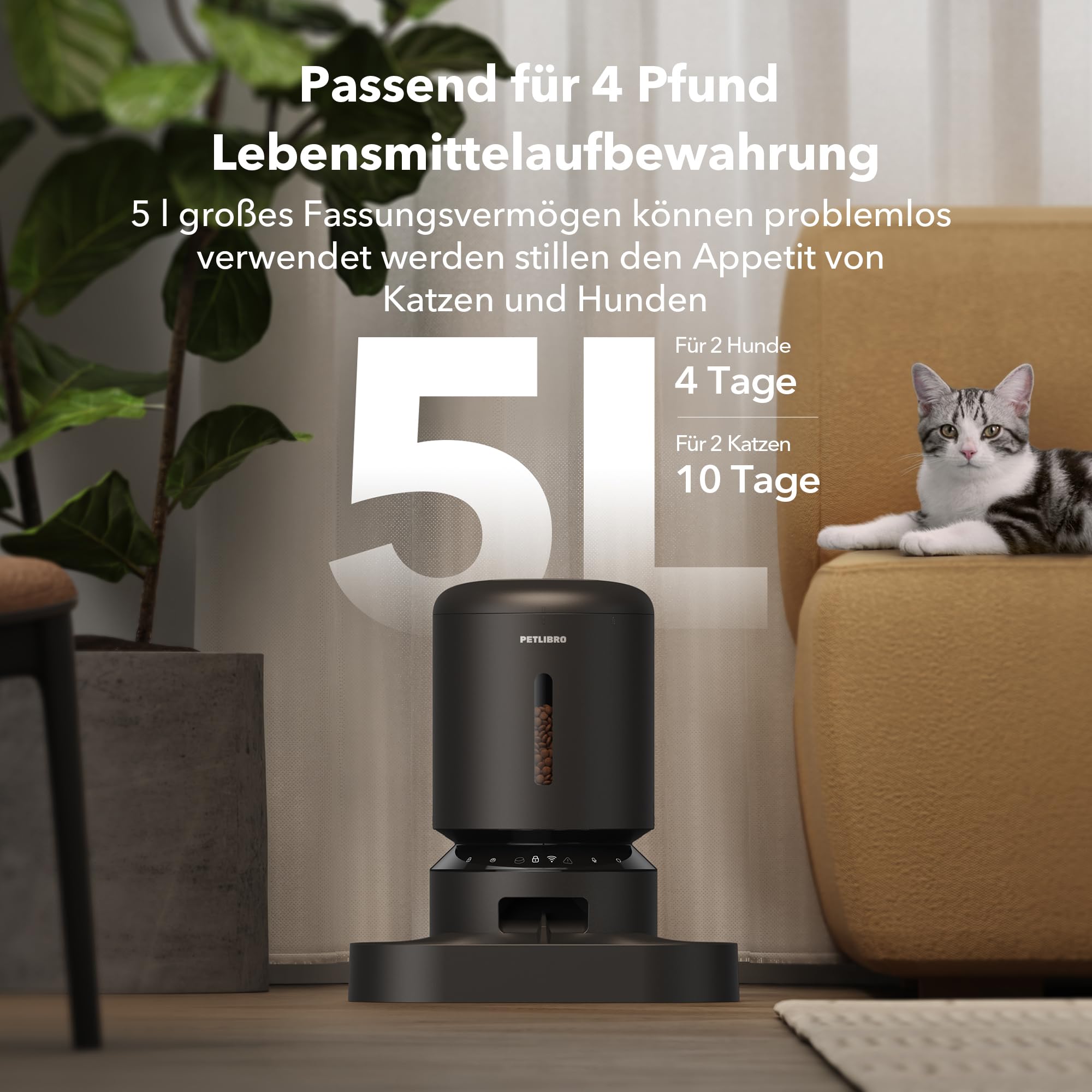 PETLIBRO 5G Wi-Fi Distributore Automatico Cibo Gatti, 5L Distributore Automatico Cibo Cani con 2 Ciotole in Acciaio Inox, 10 Pasti e Controllo del Timer, USB e Batterie, Voce bidirezionale, Nero