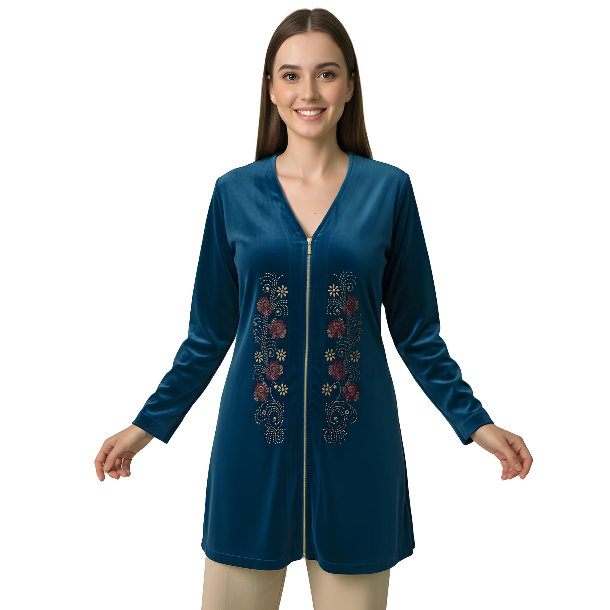 first resort Teal Jacket with Front Embellishments Velvet Top-picture-53
