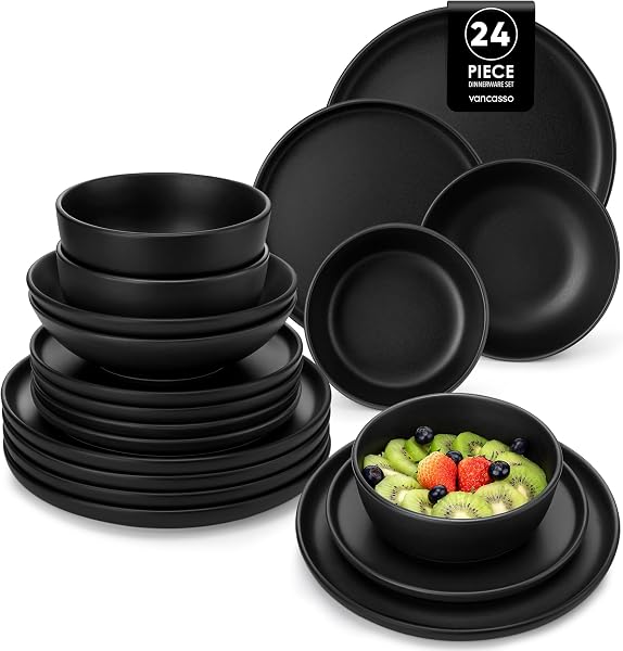 vancasso PLAYA Servizio Piatti per 6 Persone, 24 Pezzi, Set Piatti Moderni in Gres - 6 Piatti Piani, 6 da Dessert, 6 Fondi e 6 Ciotole Cereali - Adatto per Lavastoviglie e Microonde - Smalto Nero - 1