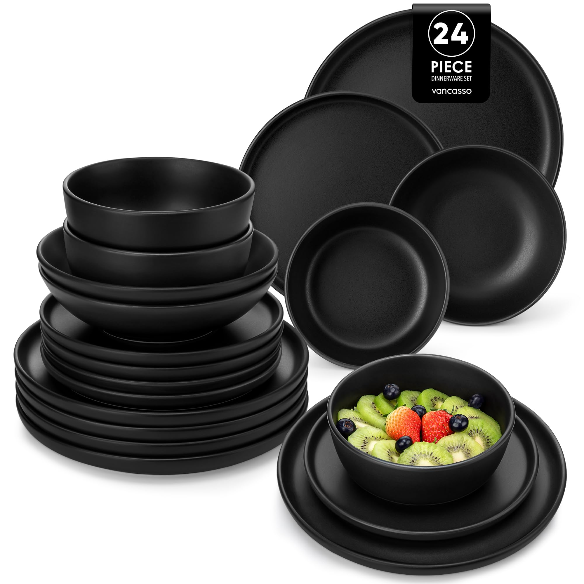 vancasso PLAYA Vajillas Completas 6 Personas, Platos Vajilla 24 Piezas de Gres - 6 Platos Llanos, de Postre, de Hondos y Cuencos, Apto para Lavavajillas - Esmaltado Reactivo Negro