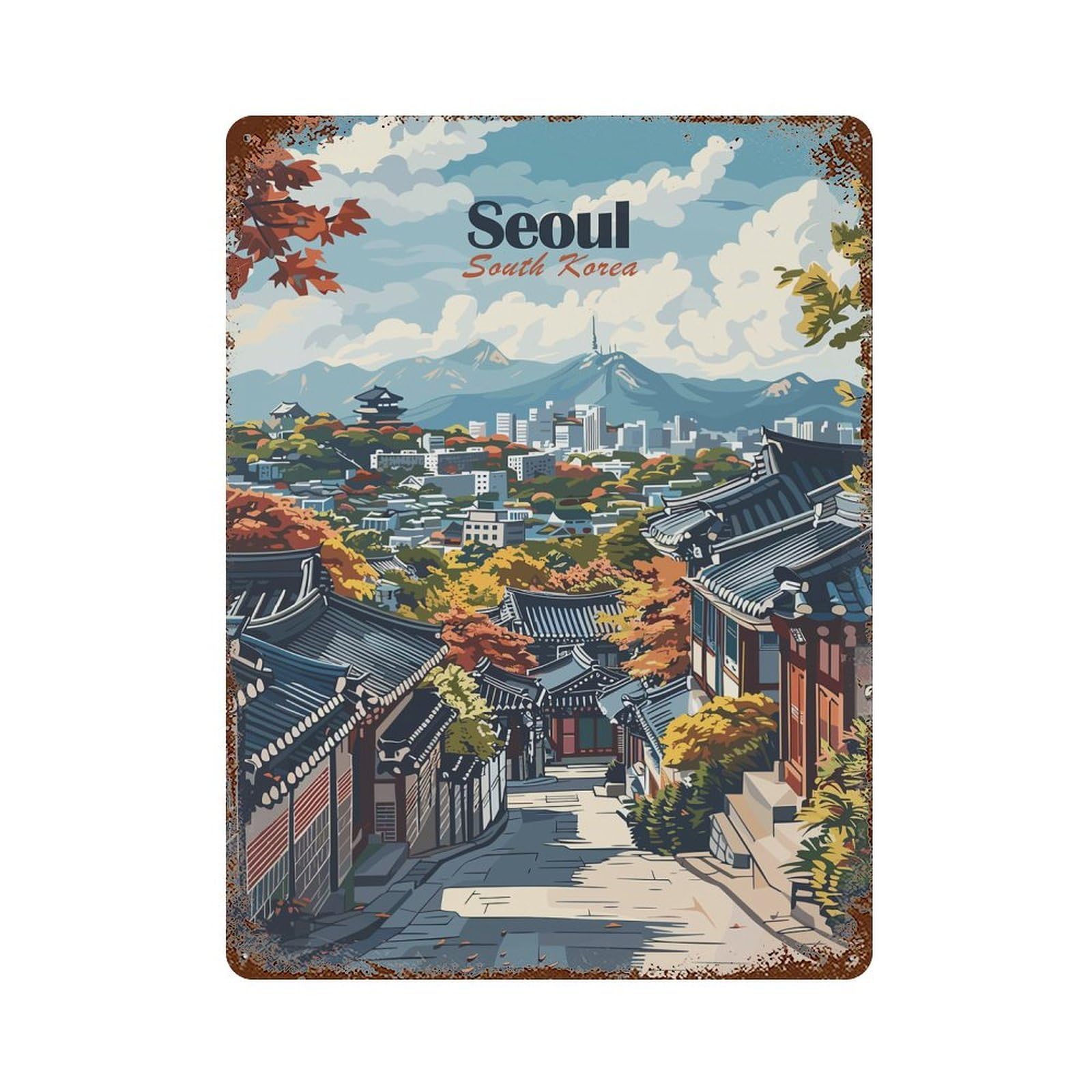 Seoul Cityscape Vintage Metal Tin Sign 15.7"x11.8", Farmhouse Wall Decor for Living Room, Hallway And Home Decor