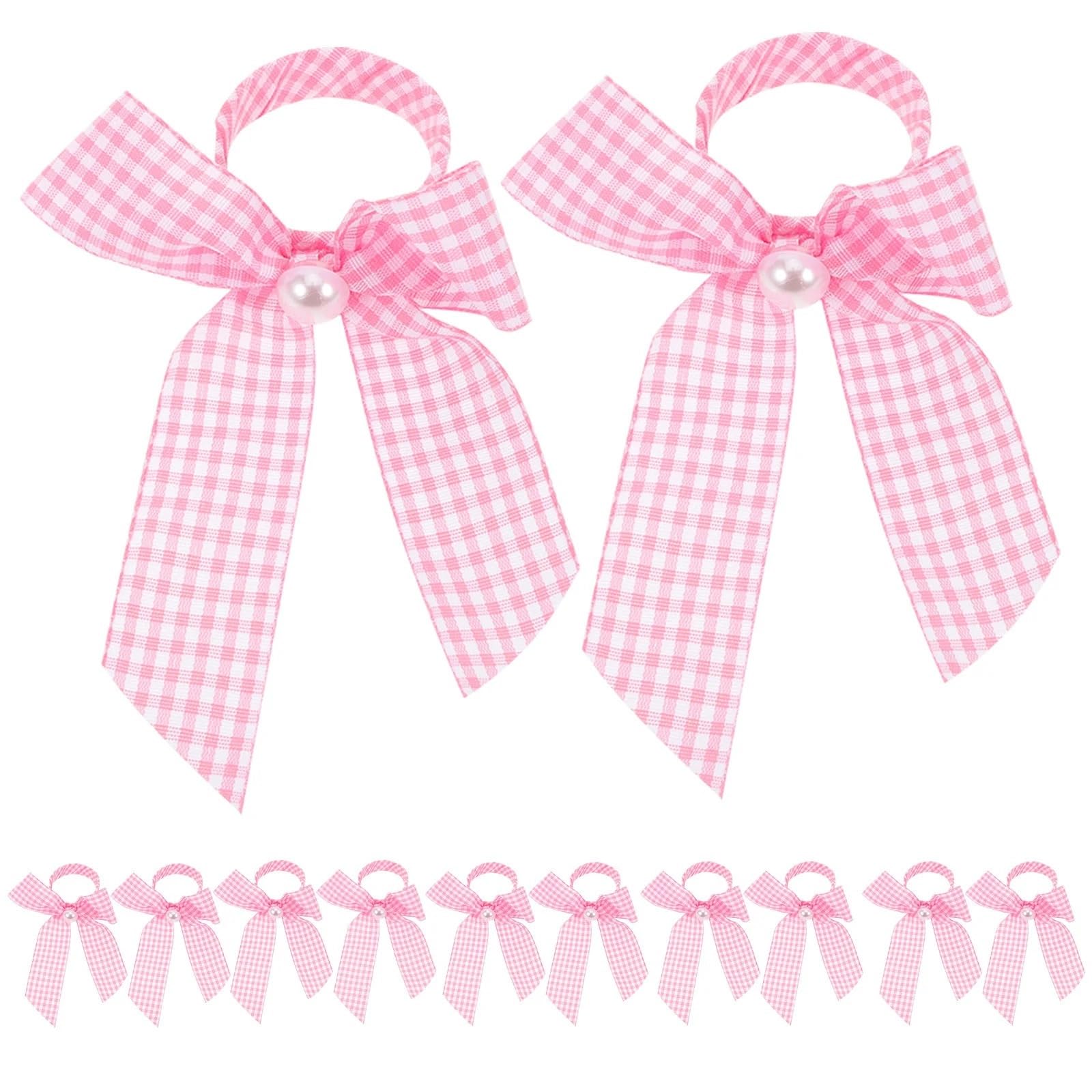 12pcs Shower Napkin Rings Pink Gingham Bow Reusable Cloth Holders For Bridal Brunch Wedding Tea Party Decor Pearl for Wedding Banquet Dinner