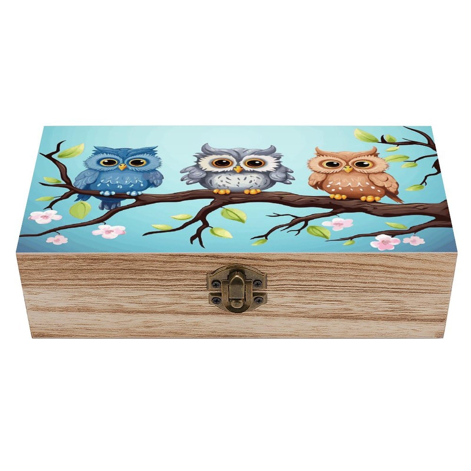 VstaDank Owls on A Branch Wooden Storage Box with Hinged Lid Natural Wooden Box Beautifully Keepsake Boxes Vintage Wood Boxes Jewelry Organizer Trinket Storage Chest Unique Gift