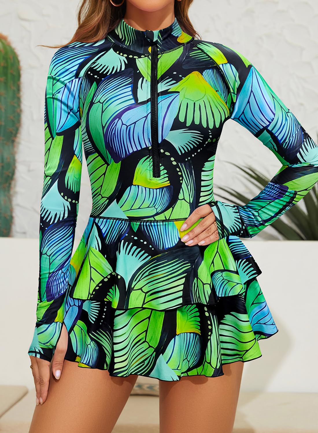 SHEKINI Traje de baño de manga larga para mujer, con orificios para el pulgar, estampado de surf, de una pieza, con cremallera, falda