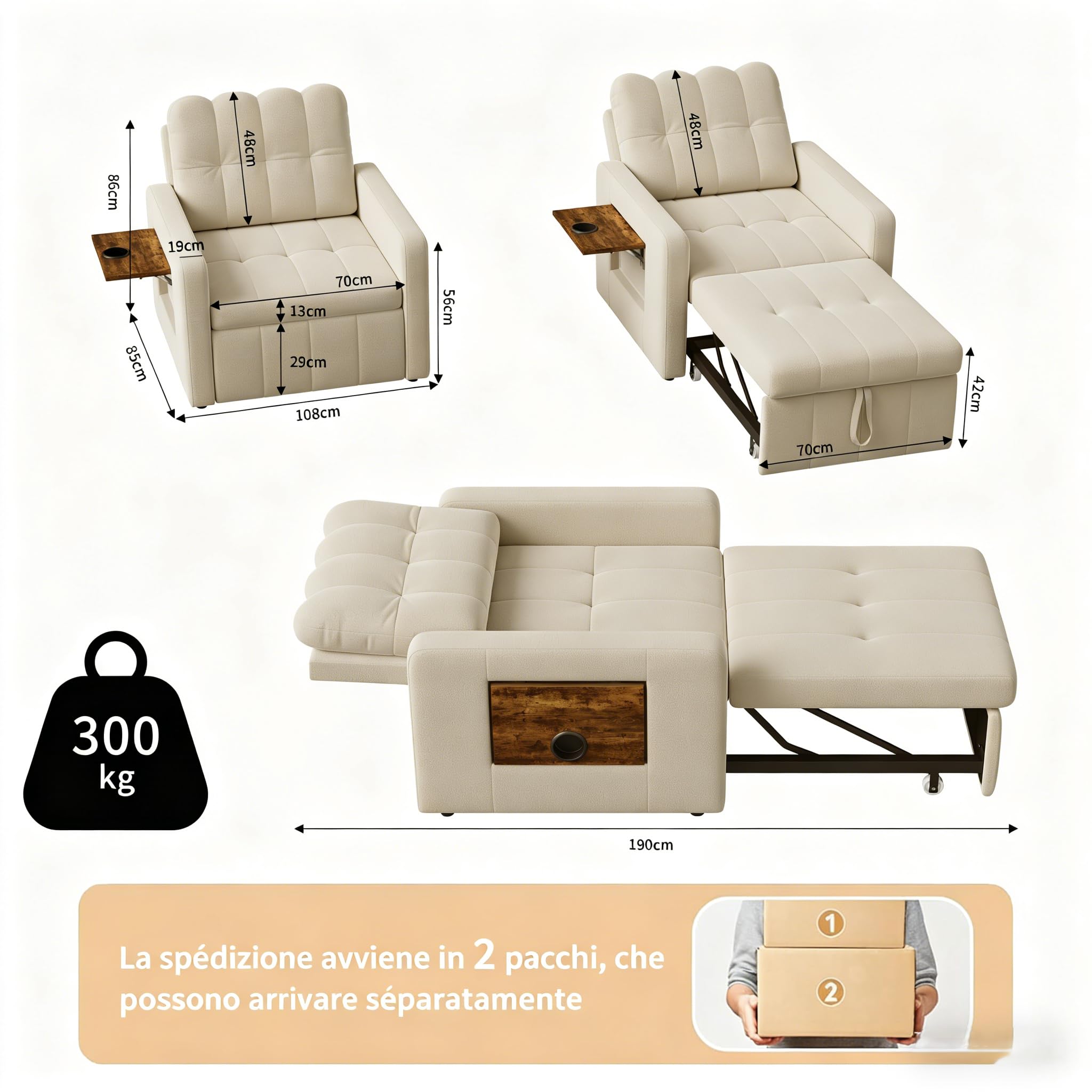 Poltrona letto convertibile 3 in 1, sedia a letto con funzione letto, divano allungabile, letto con tavoli da tè pieghevoli, divano letto singolo, poltrona regolabile con cuscino (beige, 190 x 108 x