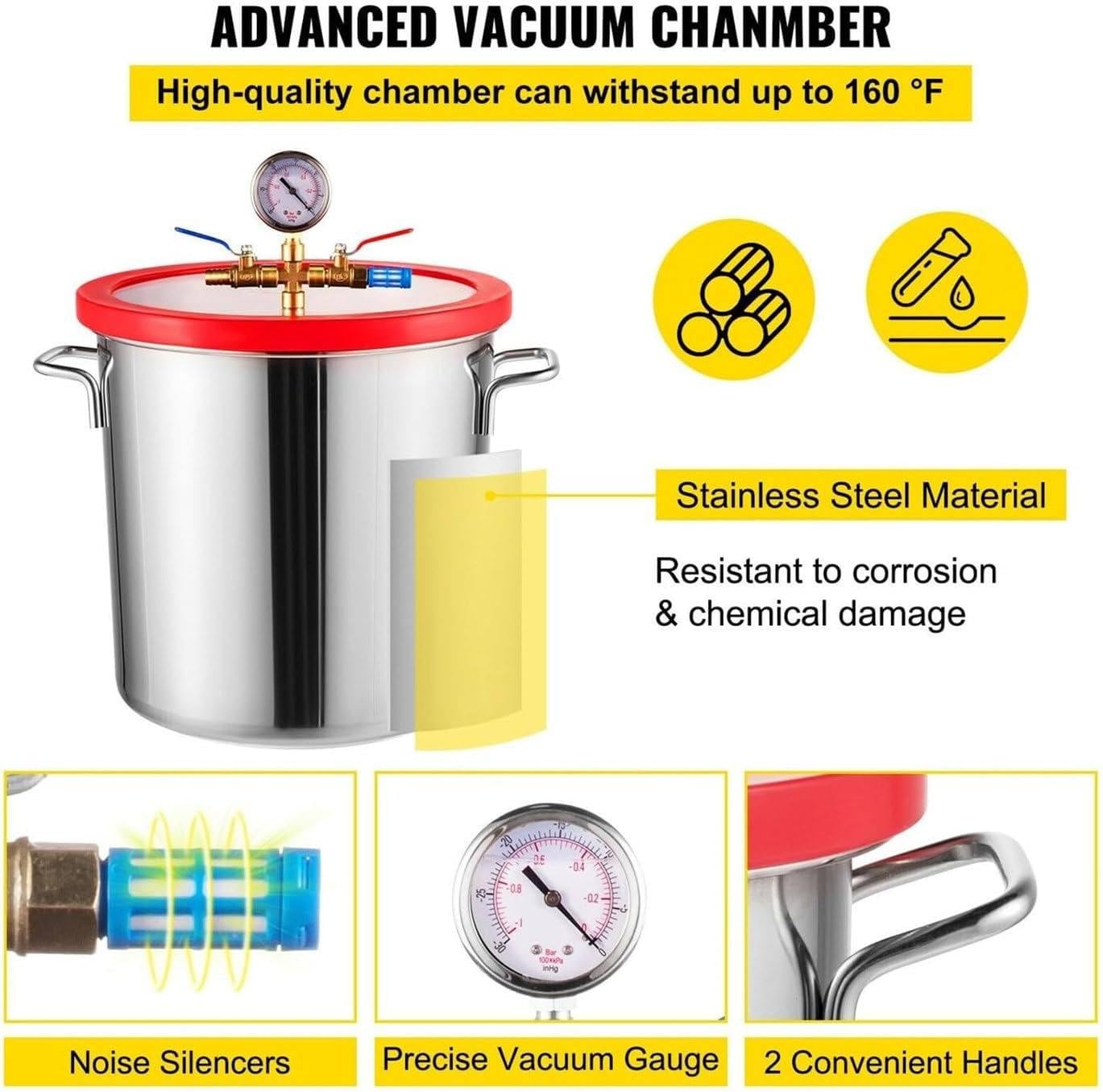 1,5/2/3/5 Gallonen Labor-Vakuum-Entgasungskammer-Kits, 304 Edelstahl-Vakuumkammern Für Harzguss, Epoxid, Gips, Holzstabilisierung,12L/3Gal