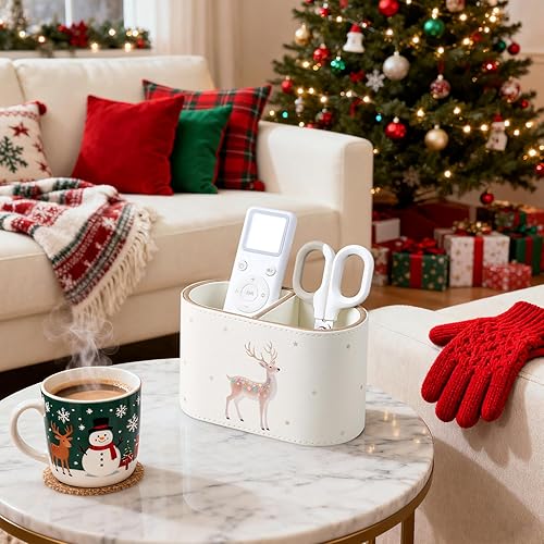 Miniatura 5 de Soporte de bolígrafo de Navidad para escritorio, soporte de lápiz de piel sintética para escritorio con 2 compartimentos para suministros de oficina