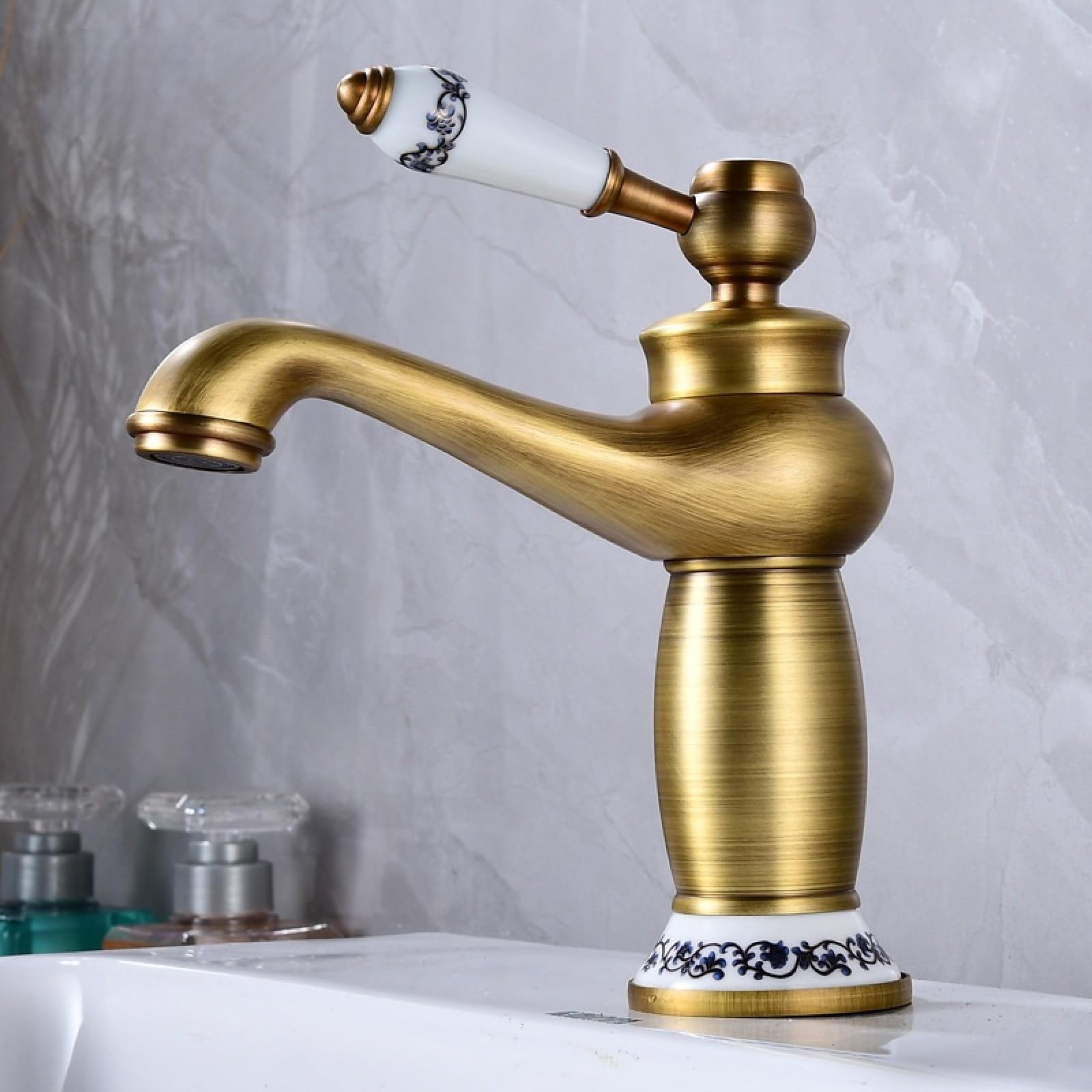 Fanjubei Blue-And-White In Antique Style Bathroom Brass Basin Hot And Cold Splash-Proof Basin Faucet, Antique Blue And White Basin