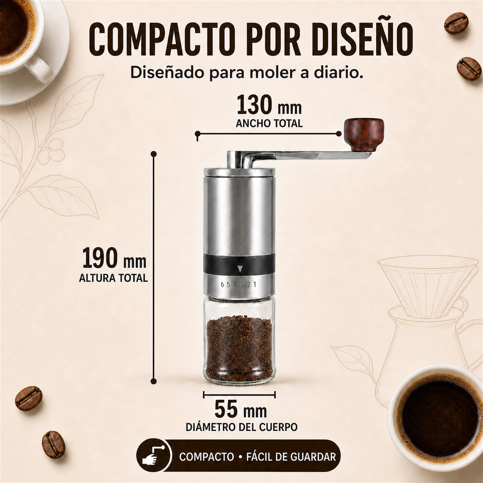 Molinillo de café manual plateado con 2 recipientes de cristal | Molinillo de cerámica de acero inoxidable para café expreso, café de filtro, prensa francesa, camping