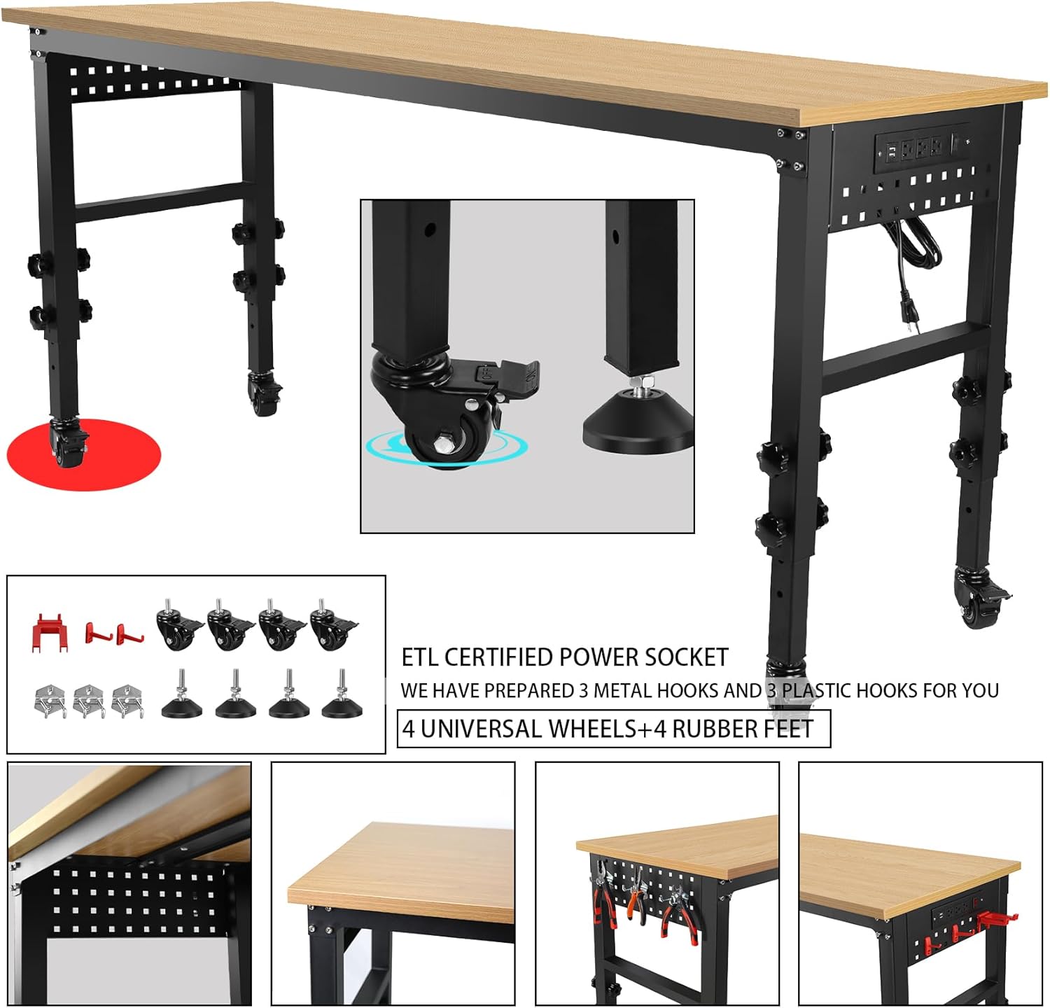 Adjustable Workbench with Power Outlets and Pegboard, 1800 lbs Heavy Duty Load Capacity, Rolling Rubberwood Work Table for Garage, Sturdy Height Adjustable Workshop Workbench on Wheels, Black (71")
