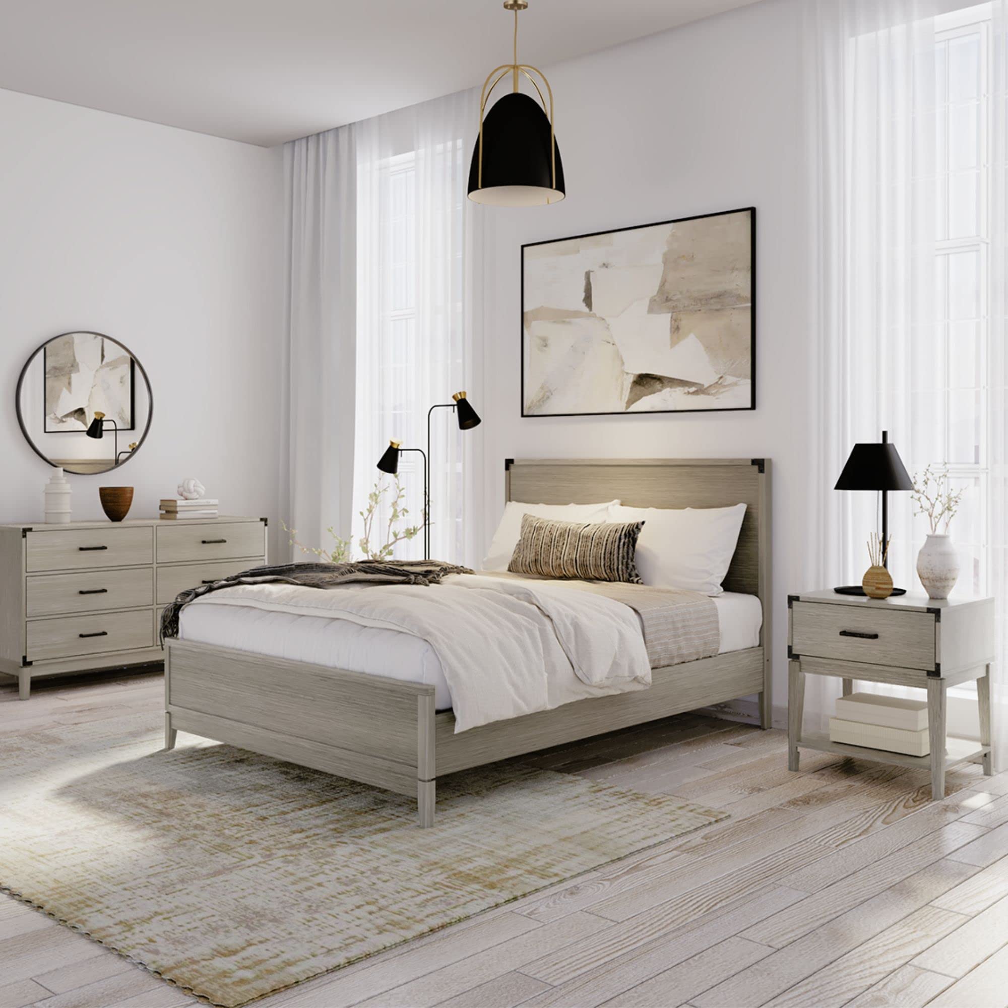 Plank+Beam Contempo Solid Wood Queen Bed Frame with Panel Headboard, Modern Platform Bed with Wood Slat Support, No Box Spring Needed, Seashell Wirebrush