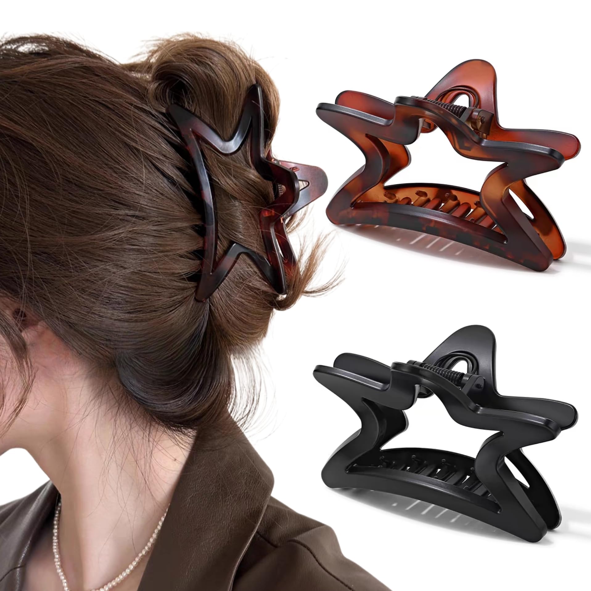 Ypkia 2 pinzas para el pelo con forma de estrella, color negro, carey de tortuga para mujer, grandes y francesas, accesorios para el cabello gruesos y finos