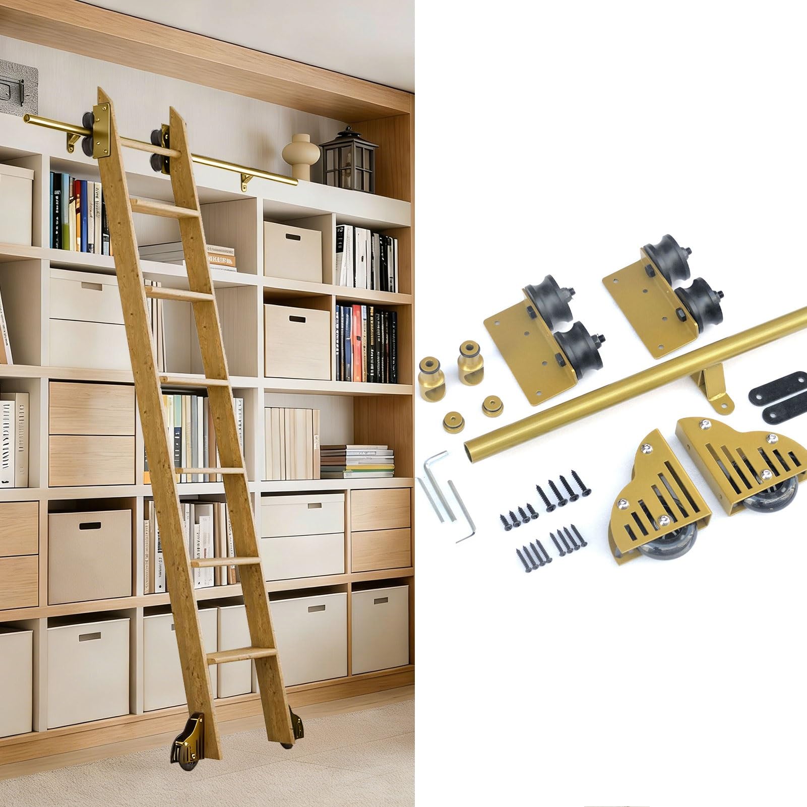 MRVAKDYDI Retractable Rolling Library Ladder Rails Kit, Library Ladder Kit, Carbon Steel Track & Pulley, PU Wheels, 3.3-24ft, Home Office Loft(19.7ft/600cm Track kit)