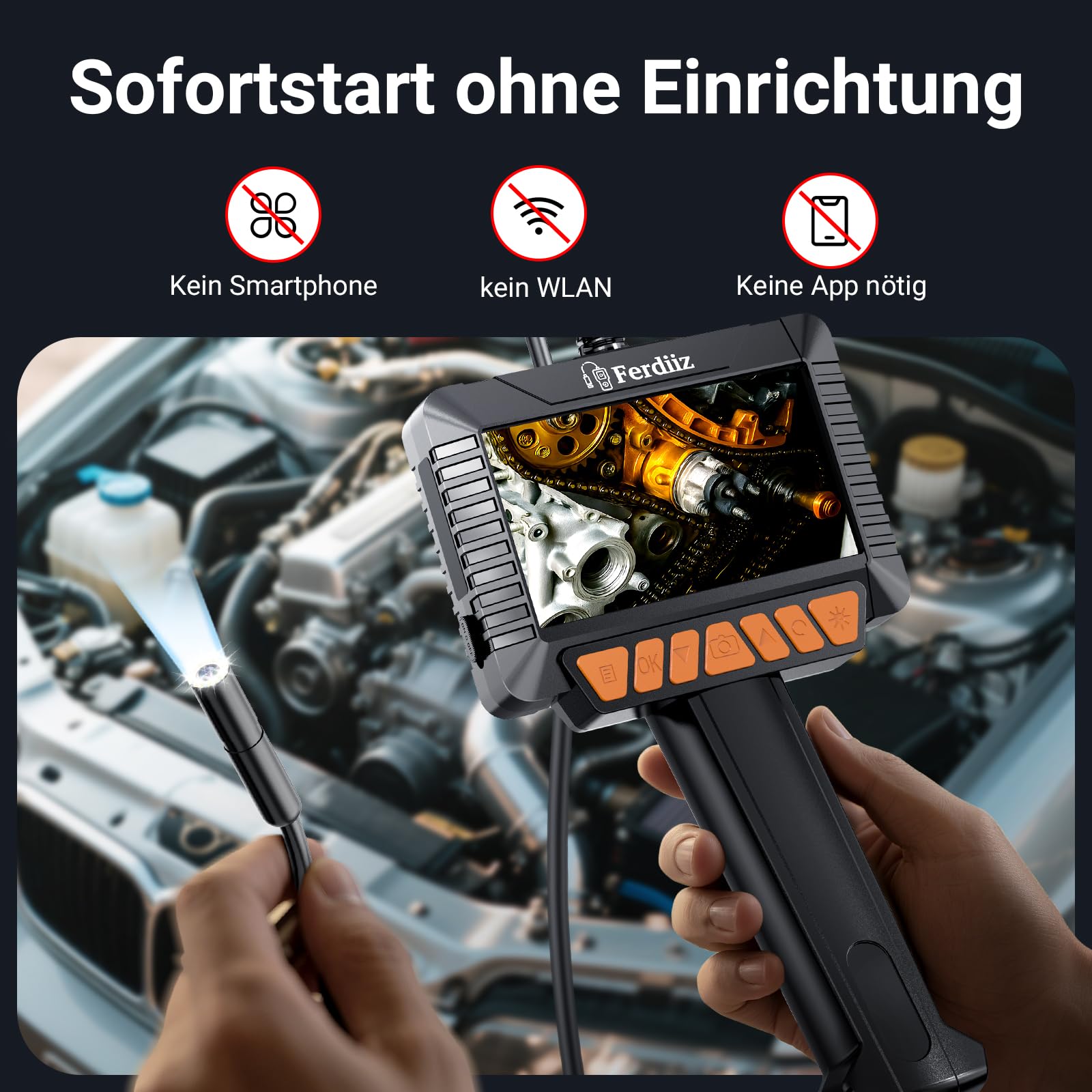 4,3" IPS Endoskopkamera mit Licht 1080P HD - IP67 Wasserdichte Inspektionskamera & Rohrkamera mit 8 LEDs, 5m Halbstarre Sonde für Auto, Rohre, Haushalt, Kein WLAN/App Nötig | Rohrkamera mit 8 LEDs, IP67 Wasserdichte Inspektionskamera, Halbstarre Sonde, Fü