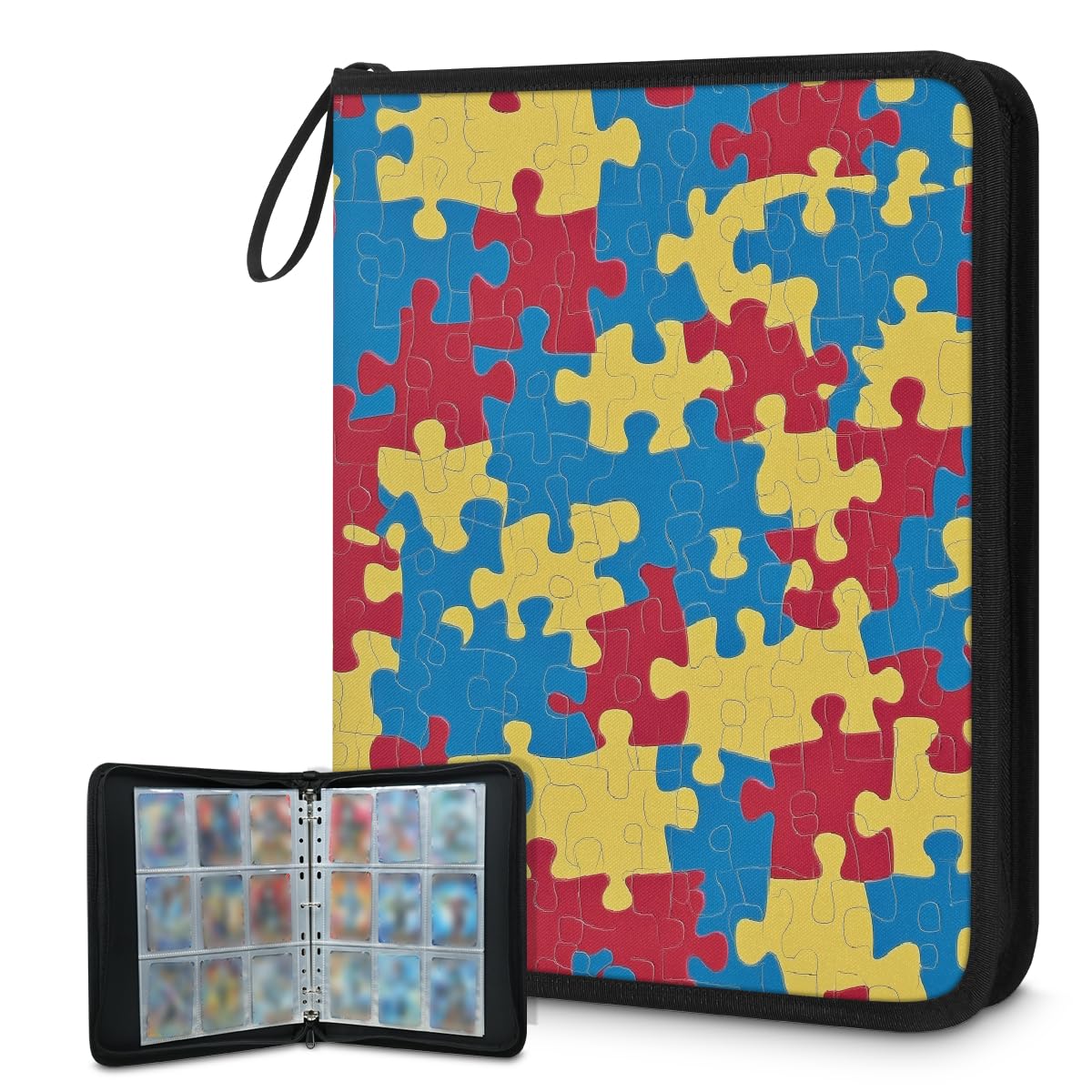 Mexpekil Raccoglitore di carte colorato puzzle 9 tasche con 50 pagine a caricamento laterale maniche cartella di raccolta di carte per 900 carte con cerniera album di carte collezionabili impermeabile