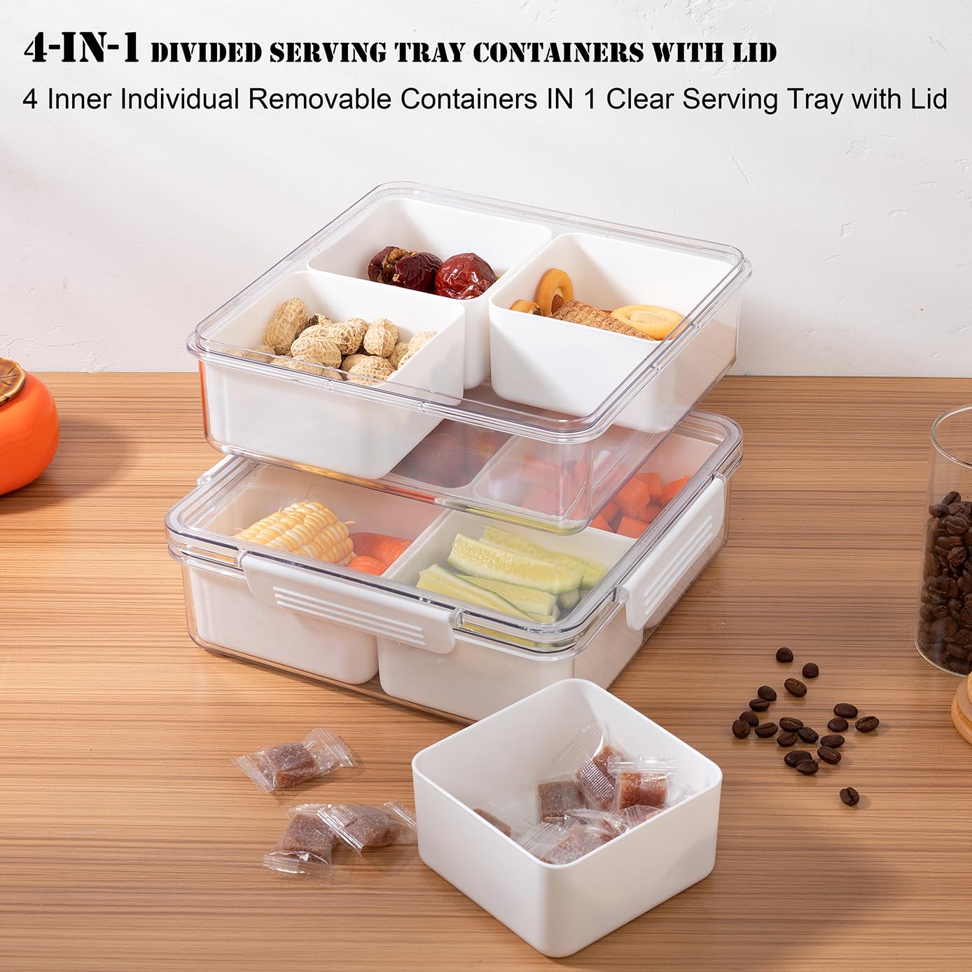 Paquete de 2 bandejas divididas para servir con tapa, 4 compartimentos extraíbles, contenedores de almacenamiento de alimentos de frutas, caja organizadora de plástico para verduras y verduras 4