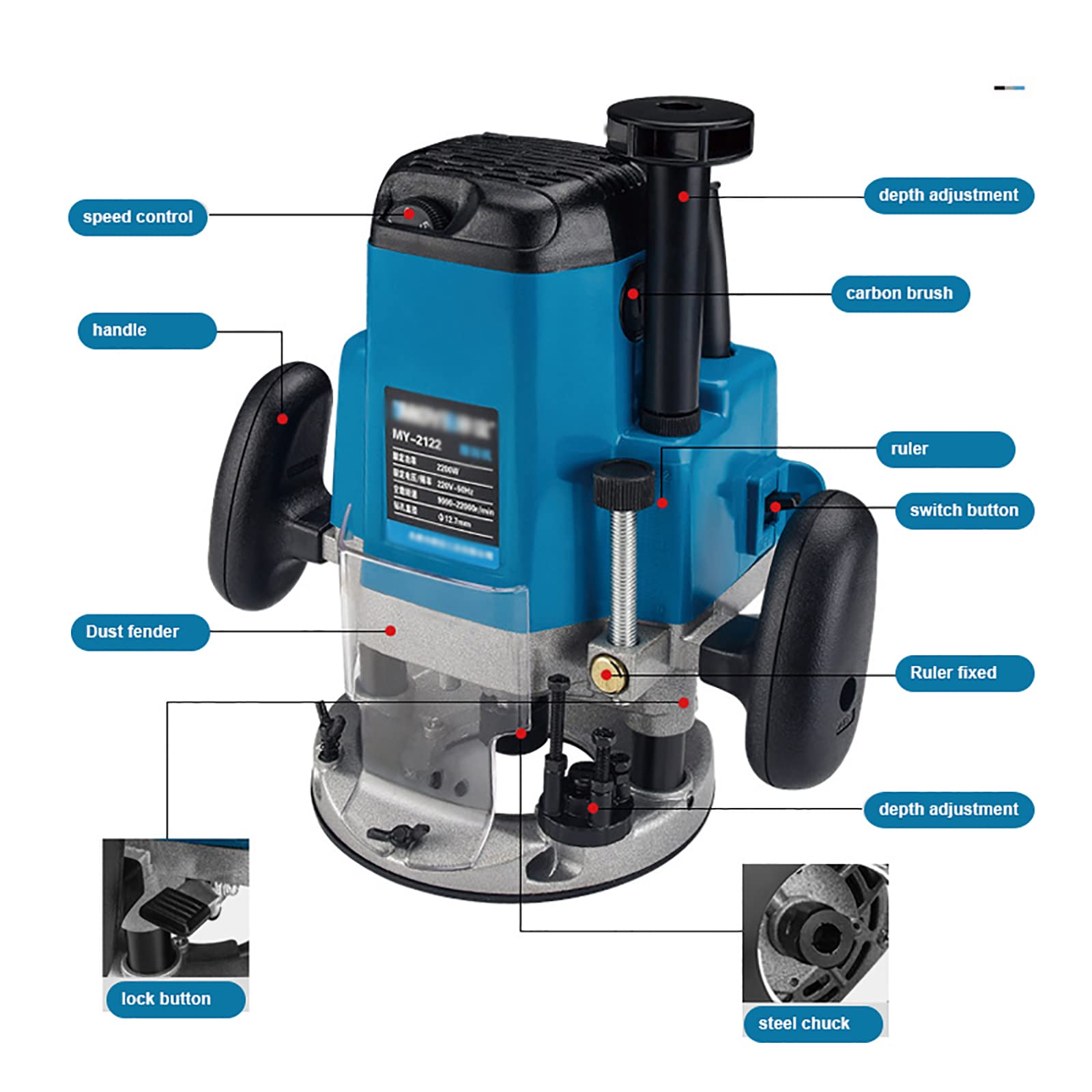 Fresadora De Corte, 2200w Velocidad Sin Carga 9000-2000r/min, Voltaje 110/220V, Regulación De Velocidad De 6 Velocidades, 6,35/9,52/12,7 Mm, Cortadora De Madera Profesional Con Accesorios