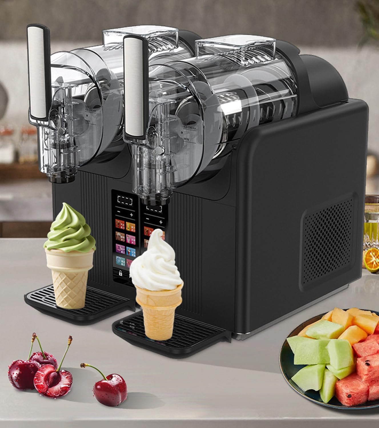 GTANND Automatic Home/Commercial Slushy Maker, Double-Cylinder Ice Cream Machine, Fully Automatic Beverage Smoothie Maker, Snow Melting Machine, Shaved Ice Machine Black
