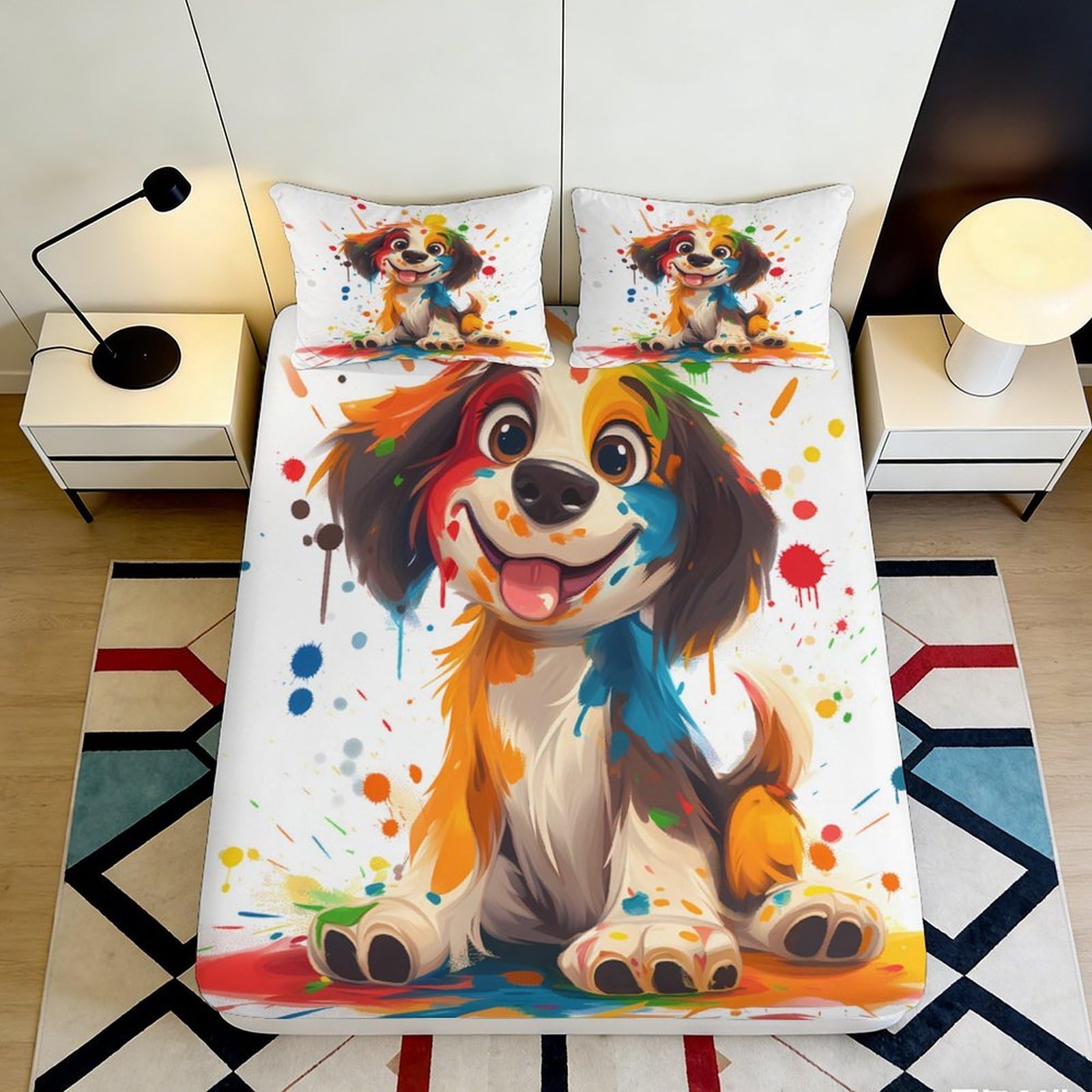 3D Printed Colorful Dog Fitted Sheet Microfiber Anti-Slip Cartoon Animal Mattress Cover for Bedroom Guest Room Dorm Decor 180x200x25cm