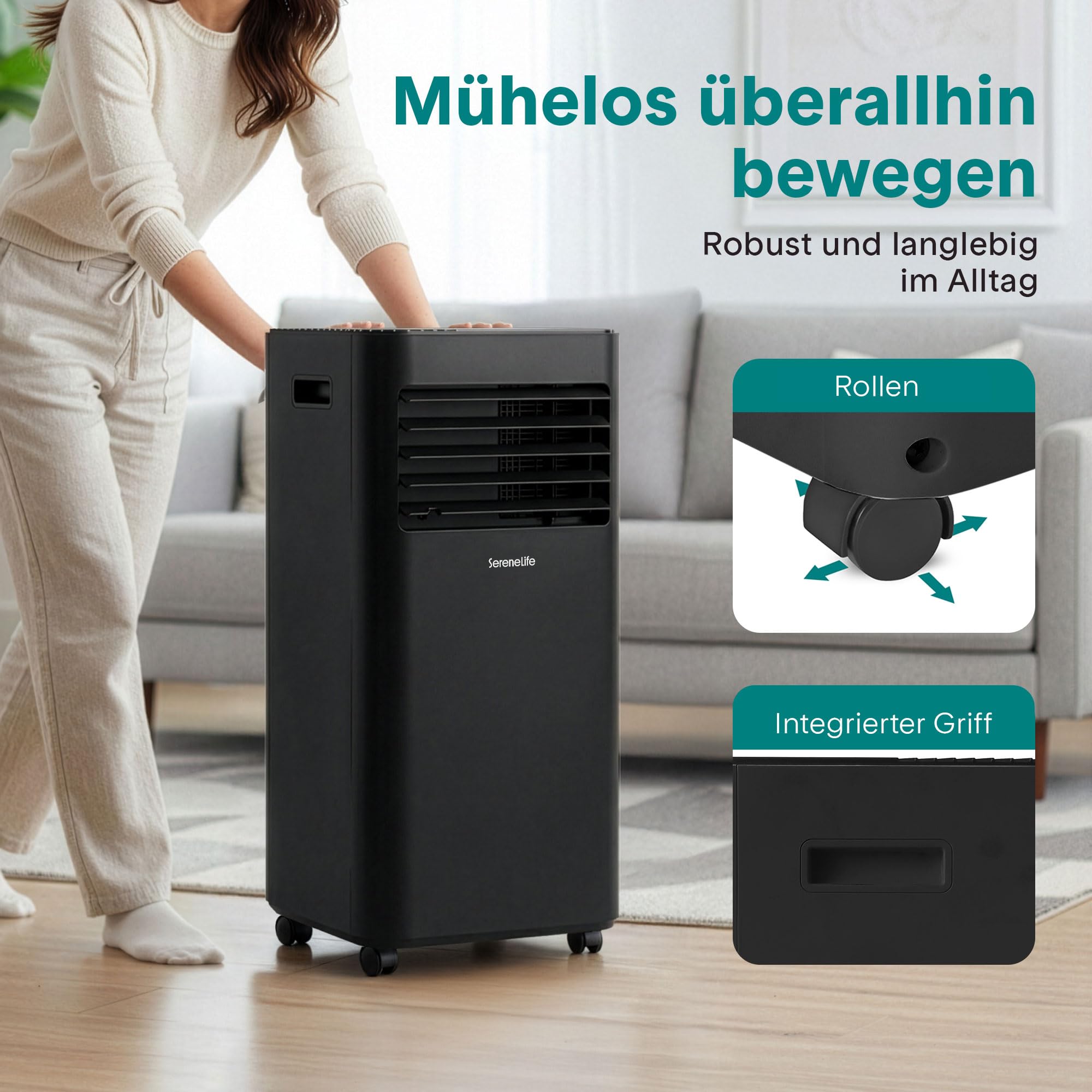 SereneLife Schwarz Mobiles Klimagerät 9000 BTU 2,64kW für 28 m² – Air Conditioner mit Abluftschlauch, 3-in-1 mit Entfeuchter und Ventilator, Leise 54 dB, inkl. Fensterkit und Fernbedienung