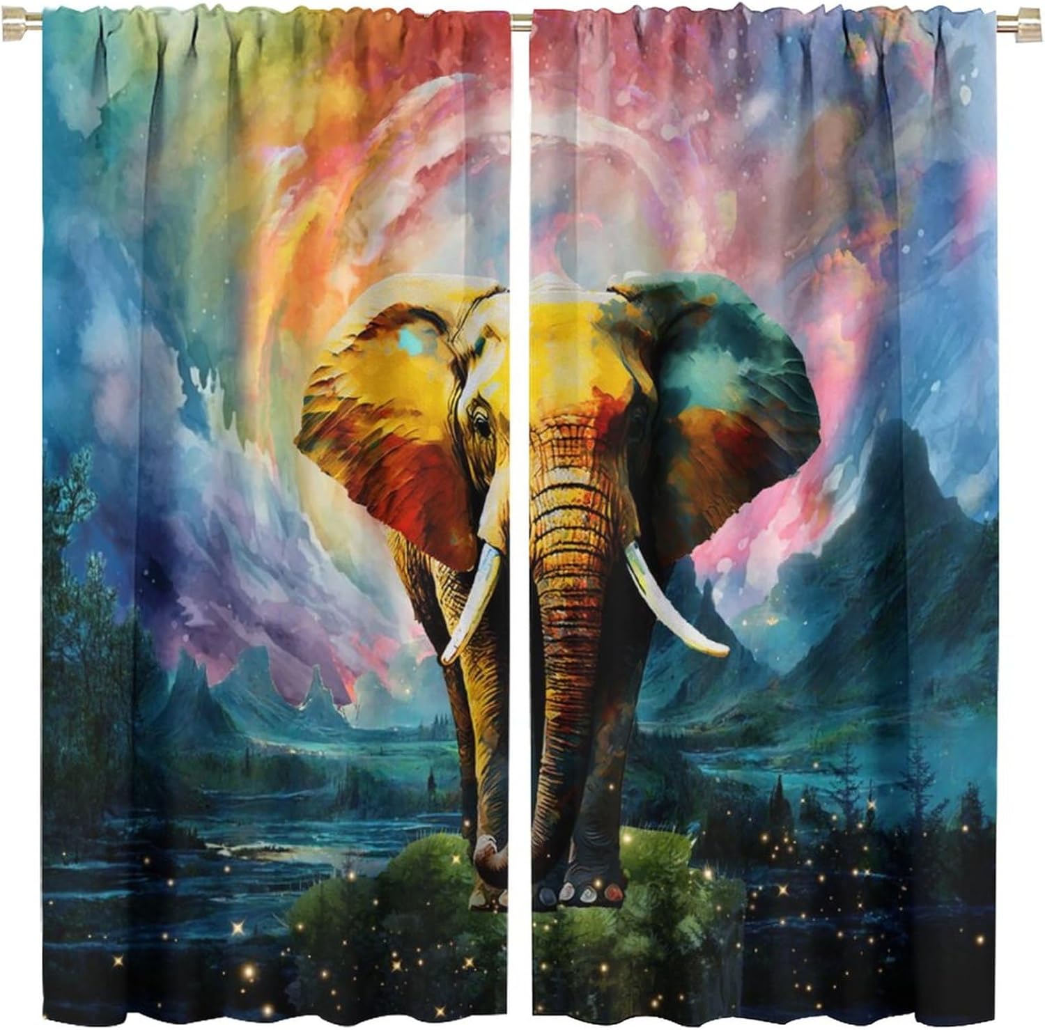 Rustic Wildlife Elephant Curtains for Living Room, Fantasy Galaxy Watercolor Nature Landscape Animal Elephant Rod Pocket Thermal Insulated,Window Curtains 2 Panels 45" L x 21" W