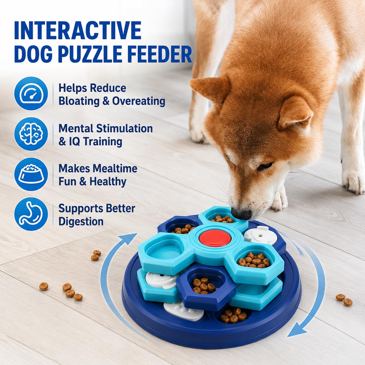 Ciotola per cani a rompicapo Slow Feeder, mangiatoia interattiva rotante a 4 strati con 7 coperchi rimovibili, spatola in silicone e base antiscivolo, blu