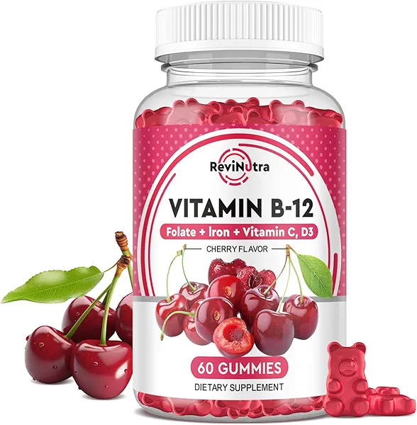 ReviNutra Vitamin B12 Gummies - 5000 mcg Methylcobalamin with Iron, Vitamin C, D3 & Folate, Energy Support and Metabolism, Immune, B-12 Complex Chewable Supplement for Men & Women, Vegan- 60 Count