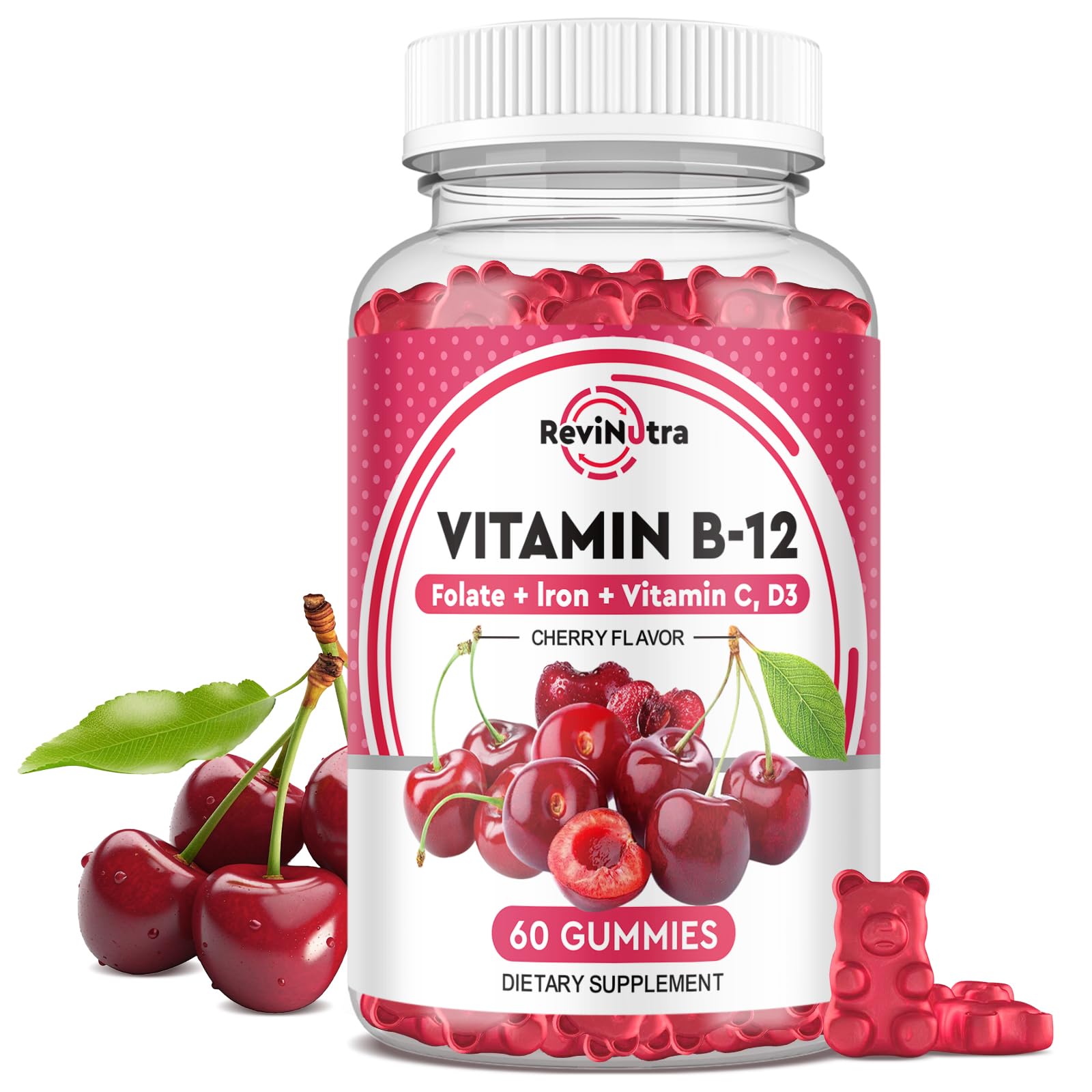ReviNutra Vitamin B12 Gummies - 5000 mcg Methylcobalamin with Iron, Vitamin C, D3 & Folate, Energy Support and Metabolism, Immune, B-12 Complex Chewable Supplement for Men & Women, Vegan- 60 Count