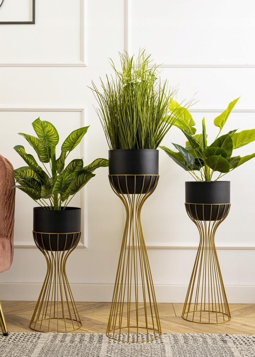 Moderno supporto per fiori in metallo, altezza 46 cm, con vaso di fiori nero, rotondo, diametro 18 cm, supporto in oro robusto, per la decorazione di interni
