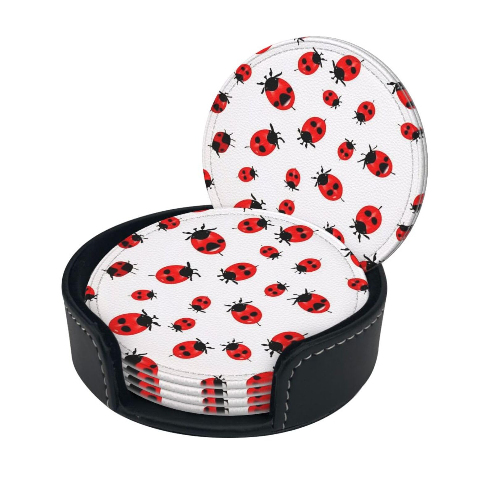 Stylish Coasters - Ladybug Set of 6 Round Leather Drink Coasters with Holder - Perfect Size for Cups and Glasses