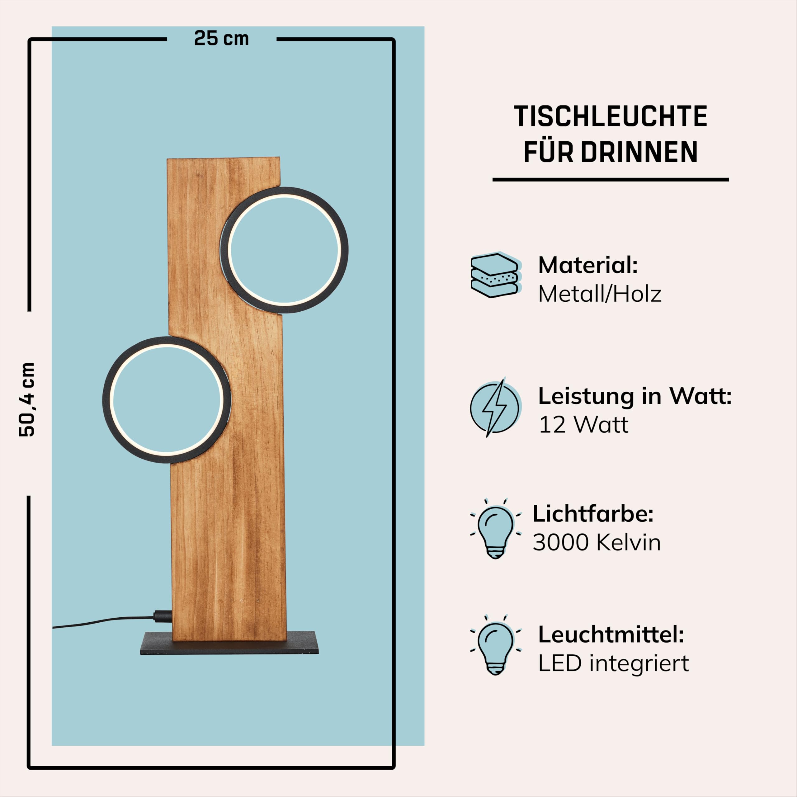 Lightbox LED Tischlampe Holz - Tischleuchte mit LED Kreisen - 50 x 25 x 12 cm - warmweißes Licht 3000 K - moderne Wohnzimmerlampe mit Kabelschalter inkl. LED