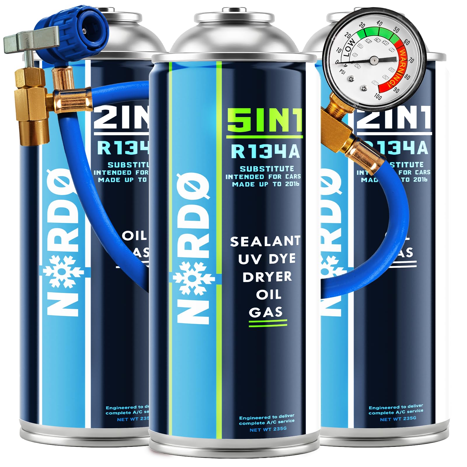 Nordo - Set mit 1x R134a Ersatzgas und 1x 5in1 Klimaanlagen Kältemittel Dichtmittel Öl mit Füllschlauch – für Auto Klimaanlage – 2 x 235 g