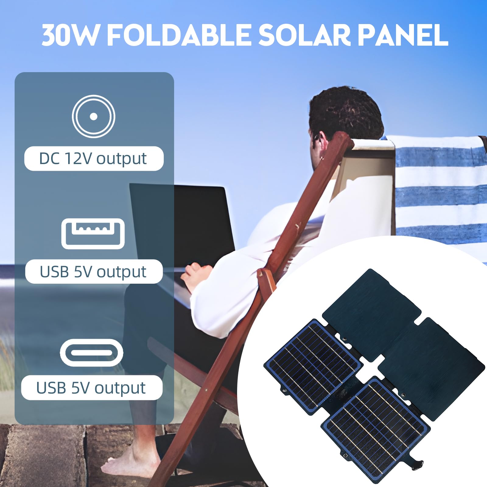 Caricabatterie Versatile da Pannello Solare Portatile da 30 W con 6 Celle Batteria, Pannello Solare Pieghevole Impermeabile IPX6 per Campeggio Blu