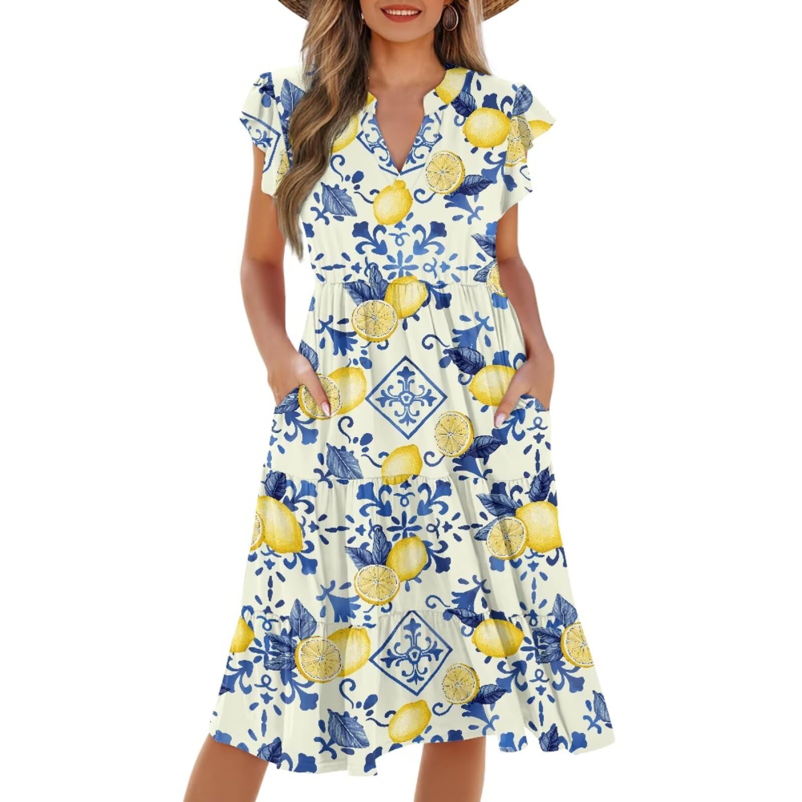 Womens Summer Dress Ruffle Sleeve V Neck Dress Casual Fit Flowy Beach Vacation Sundress with Pocket S-2XL