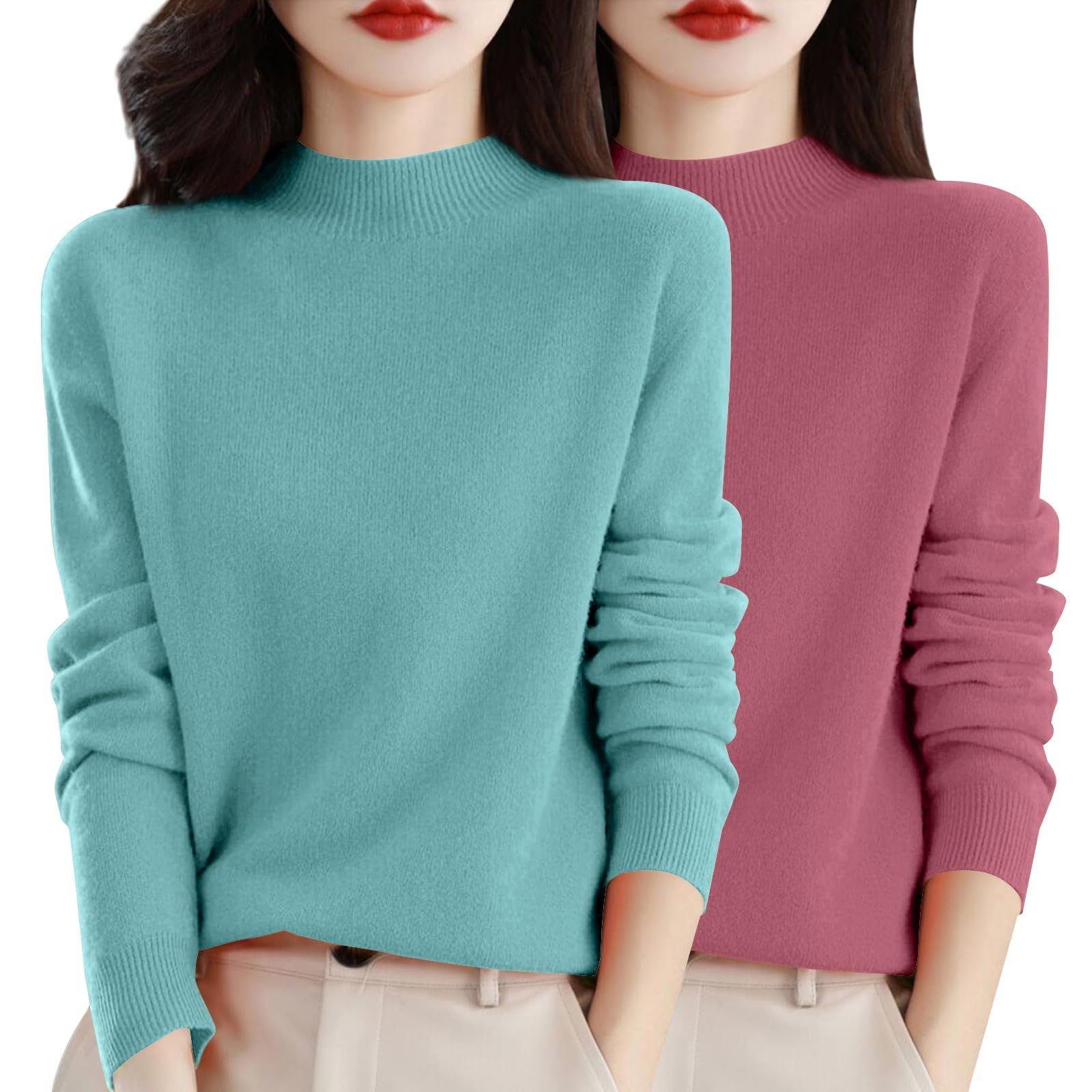 Cashmere Sweaters for Women Long Sleeve Crewneck Merino Wool Sweater 2 PC Fall Winter Cozy Warm Knit Pullover