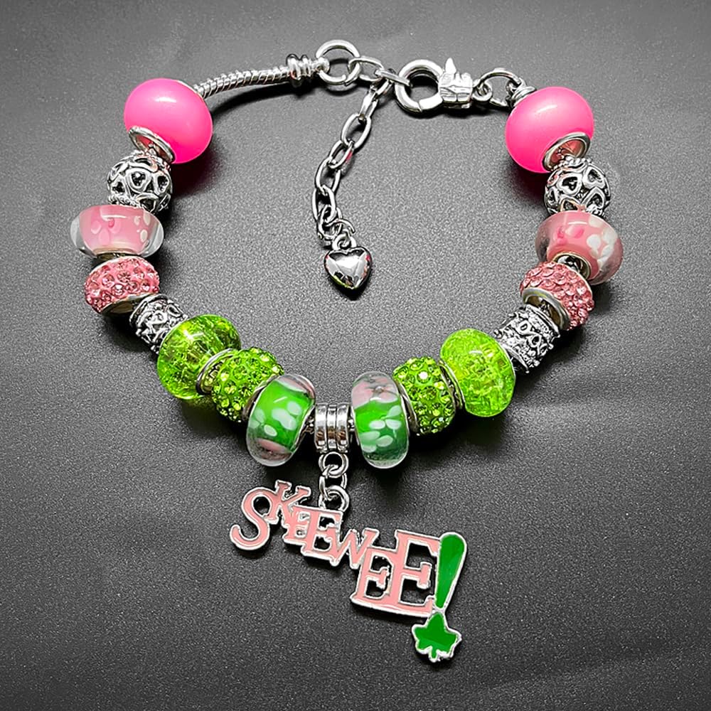 ALPHA Sorority Rhinestone & Metal Bracelet With SKEEWEE Letter Pendant Murano Glass Bead Large-Hole Snake Chain Bracelet Bangle
