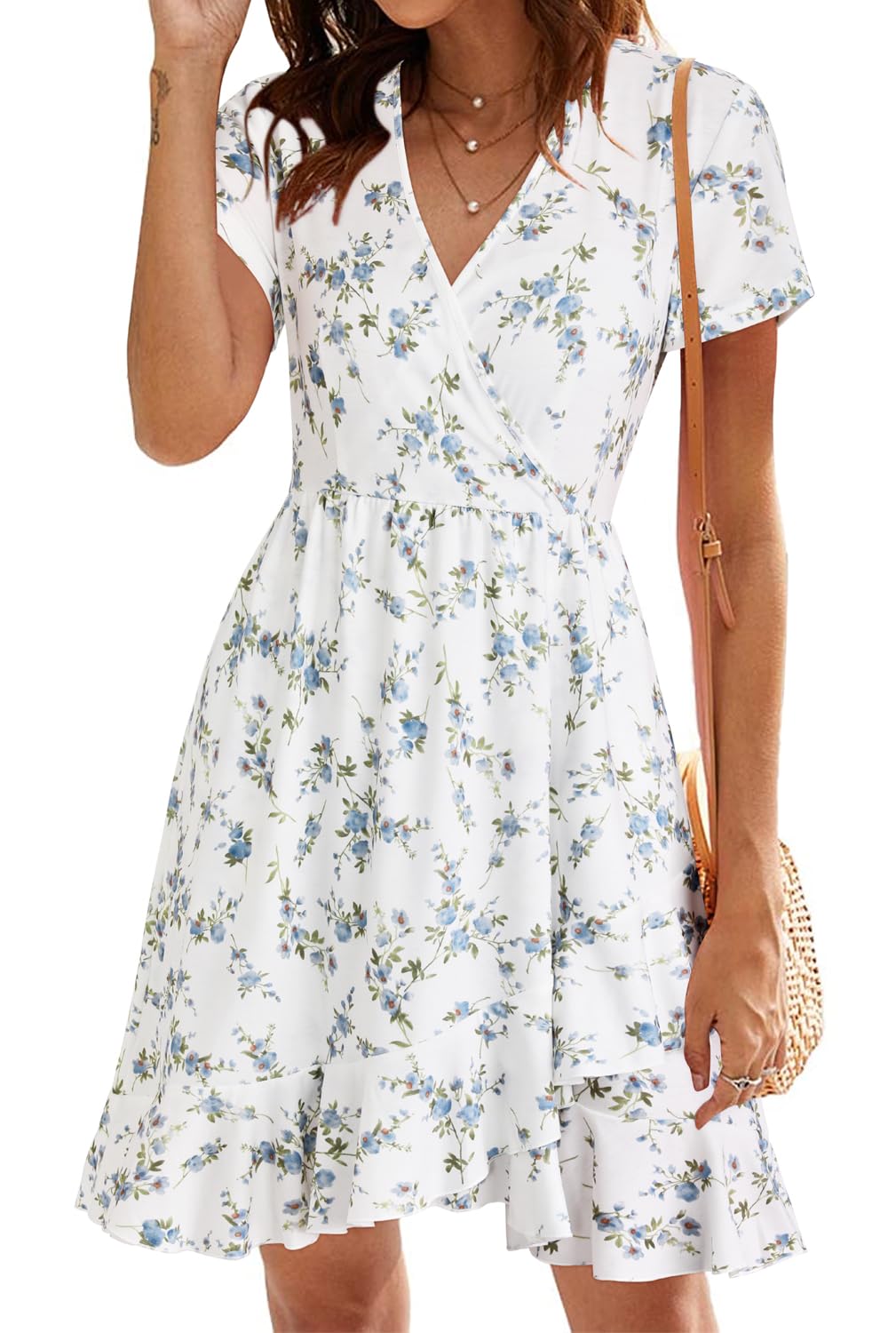 ULTRANICE Womens Summer Dresses Floral V Neck Ruffled Hem Spaghetti Spring Casual Beach Outfits Flowy Wrap Sun Dress