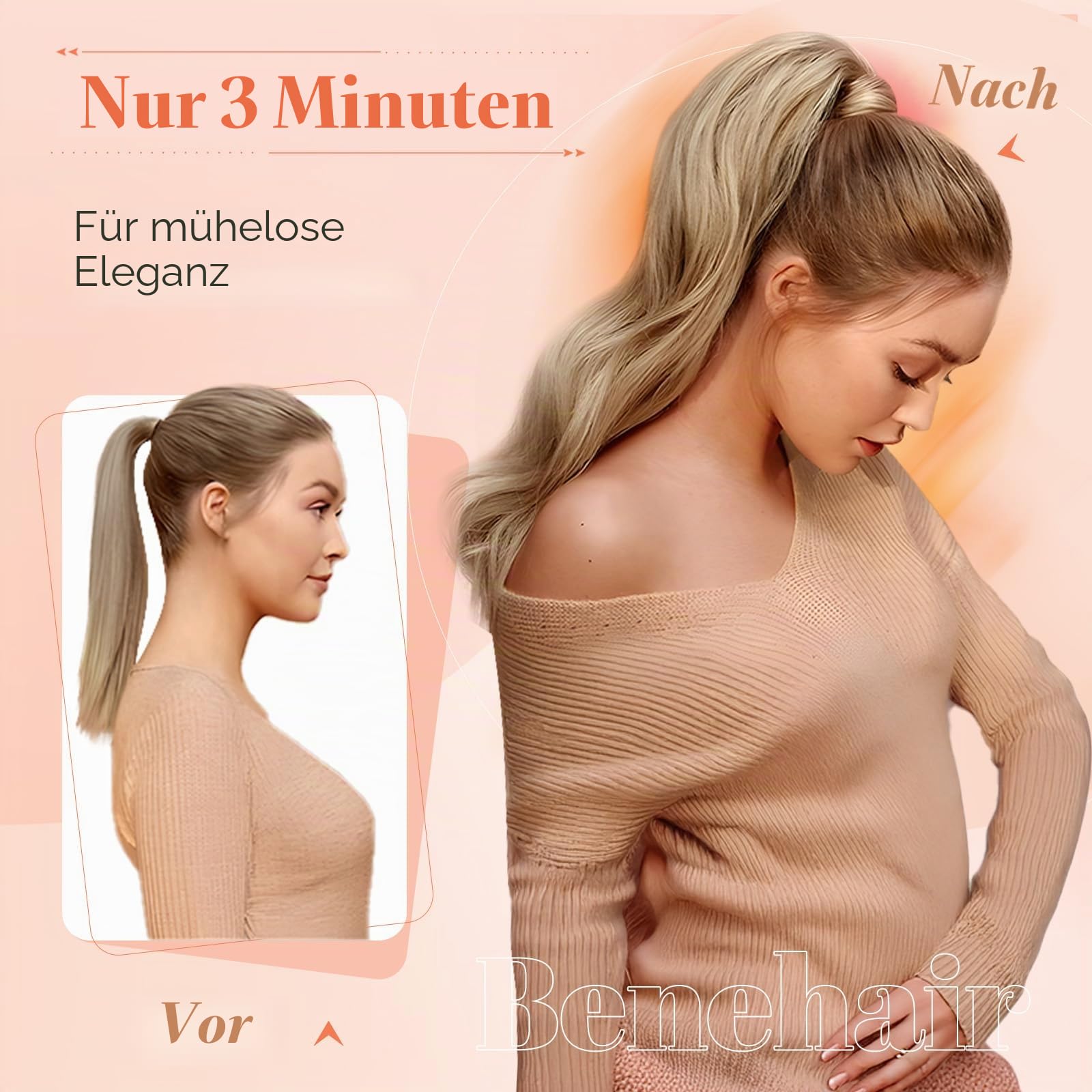 Benehair Ponytail Extension Echthaar, Zopf Extensions Echthaar, Wrap Around Echthaars Ponytail für Frauen, Blond Highlights Bleichblond Pferdeschwanz Echtes Haar Haarverlängerung 55CM 95g #18P613