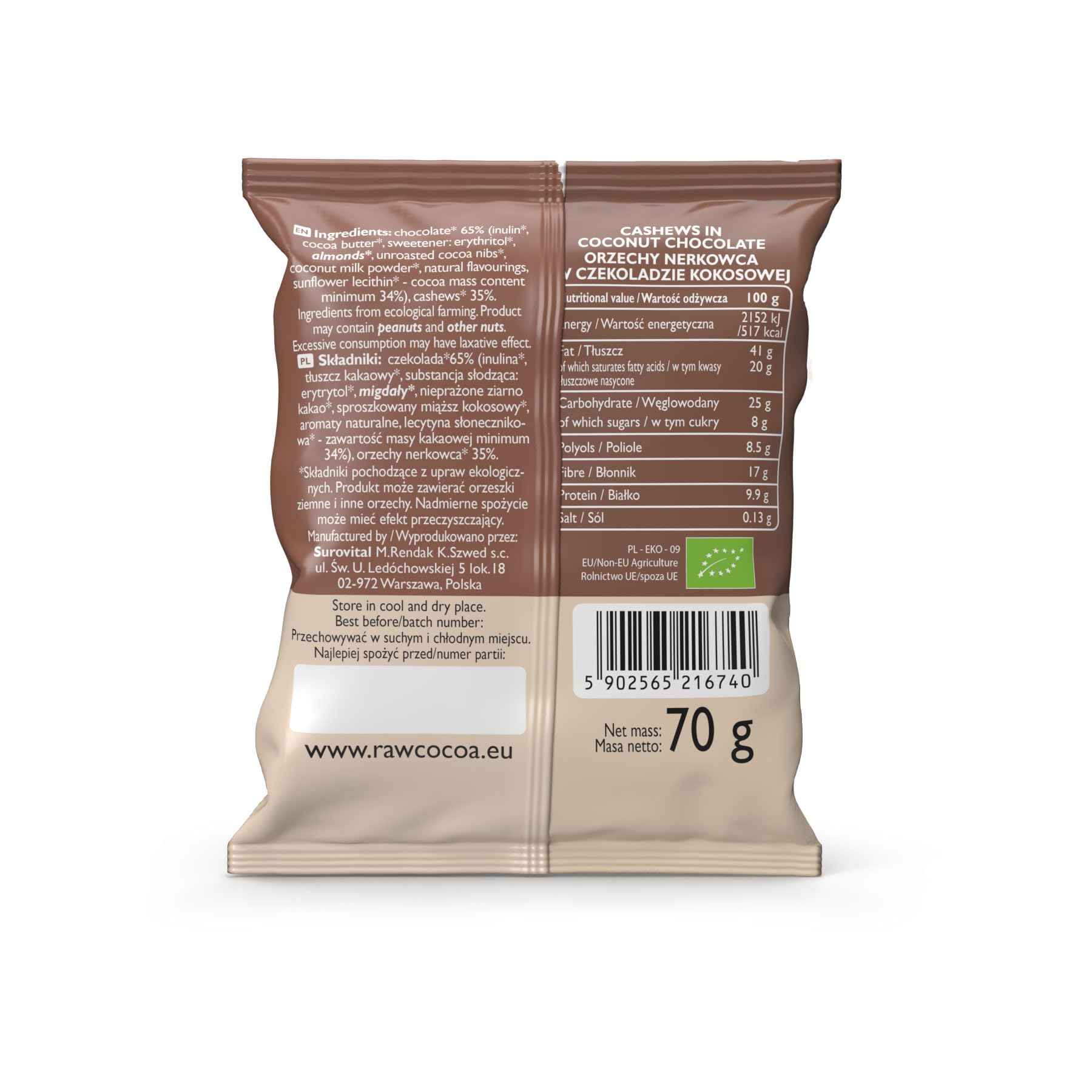 CO COA Noix de Cajou au Chocolat Sans Sucre à la Noix de Coco BIO BOX 7 X 70g - Bonbons Sans Sucre, Adapté Vegan, Sans OGM, Sans Huile de Palme, Enrichi en Magnésium et Zinc, Sans Lactose