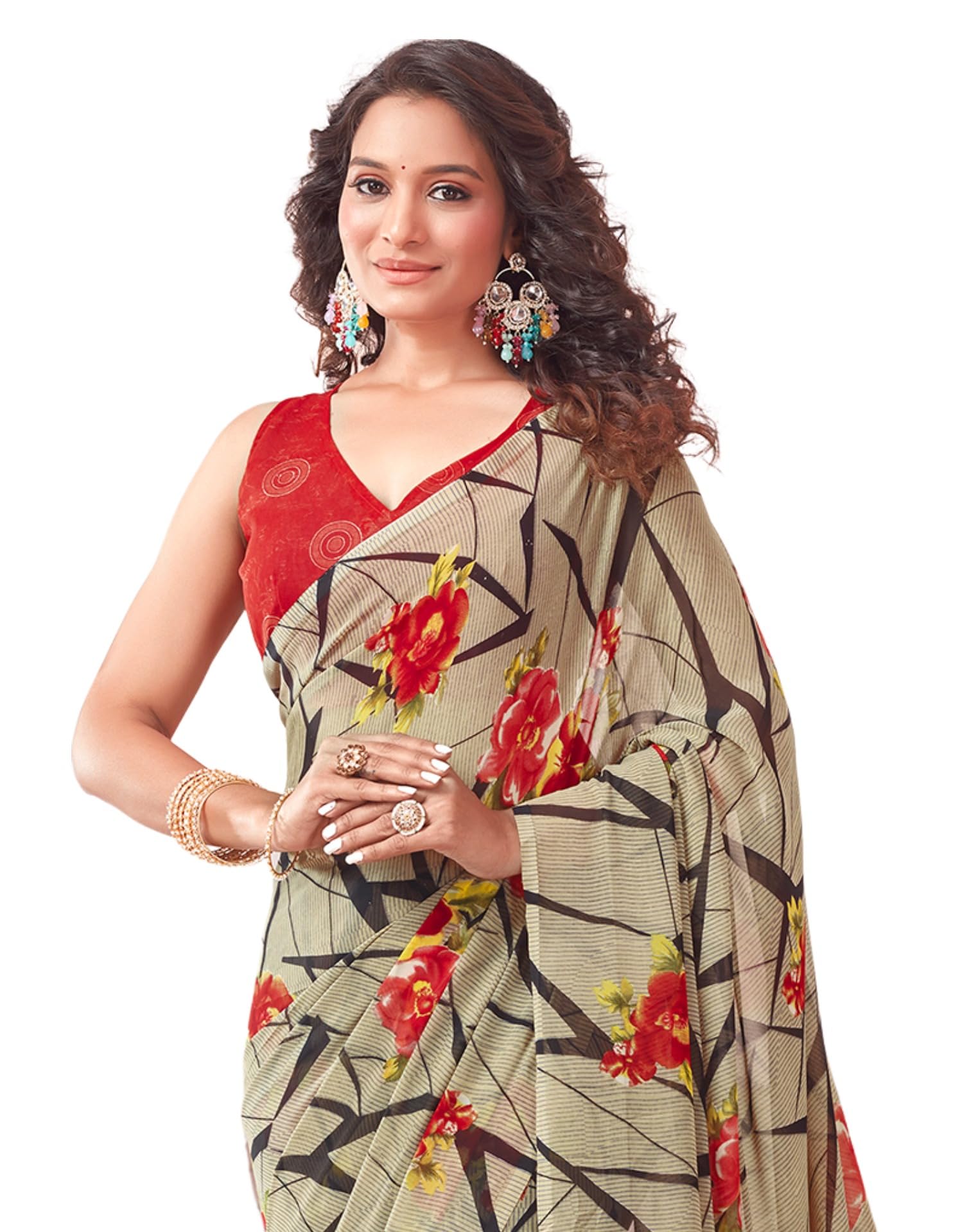 SIRILWomen's Floral Printed Georgette Saree with Unstitched Blouse Piece