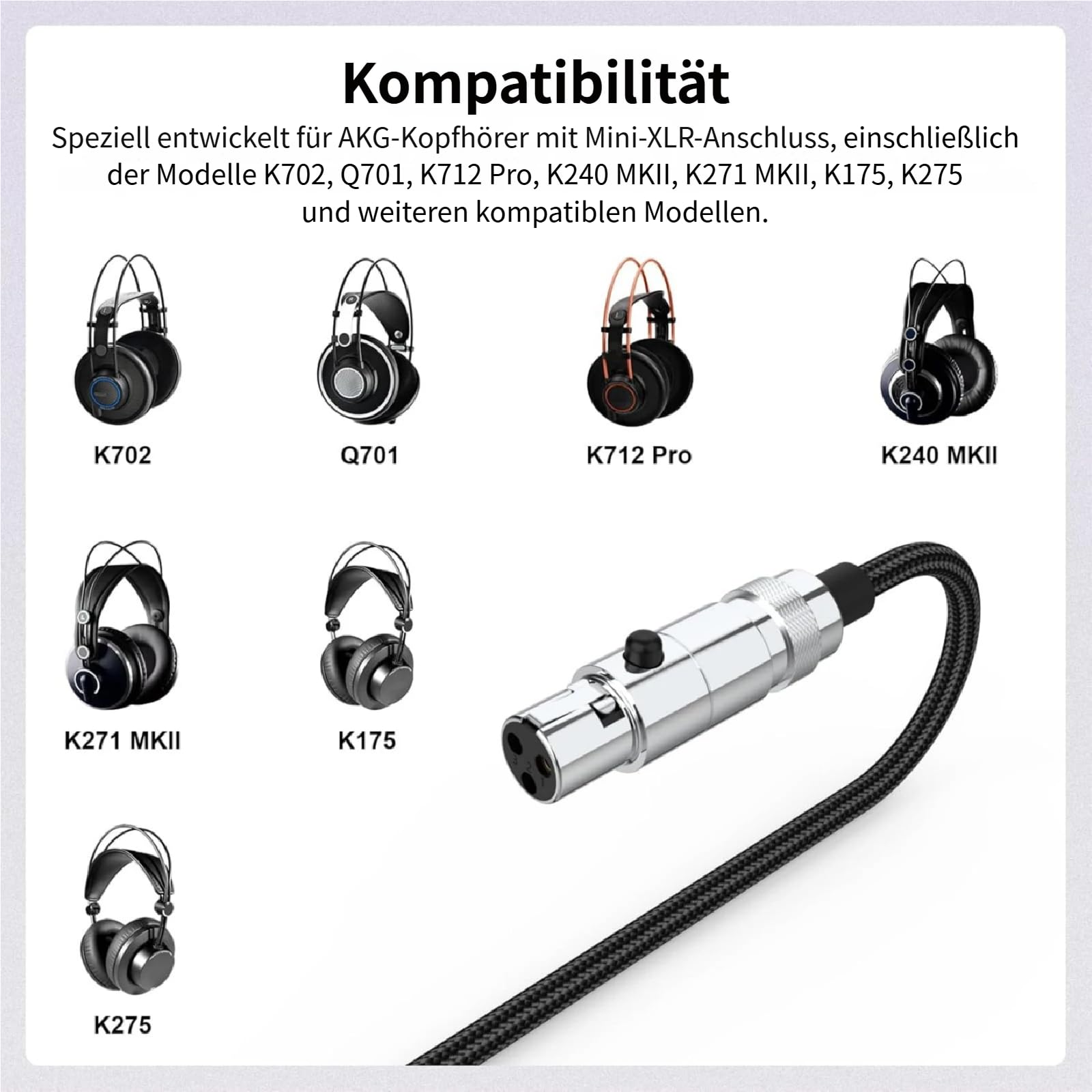 K702 Kabel, USB-C auf Mini XLR 3-Pol, Nylongeflecht, verlustfreies Audio, kompatibel mit kompatibel mit AKG K240, K240S, K240MK II, Q701, K141, K171, K181, K271s, K271 MKII, 1,5 M