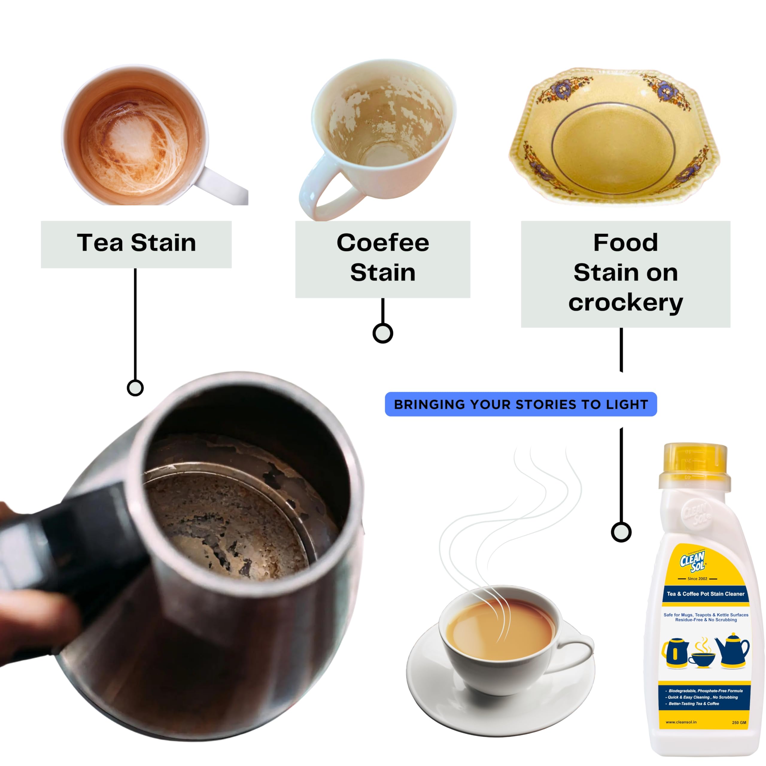 Cleansol Tea & Coffee Pot Stain Cleaner Powder | Safe for Mugs, Teapots & Kettle Surfaces | Residue-Free & No Scrubbing - 250 Gram 2