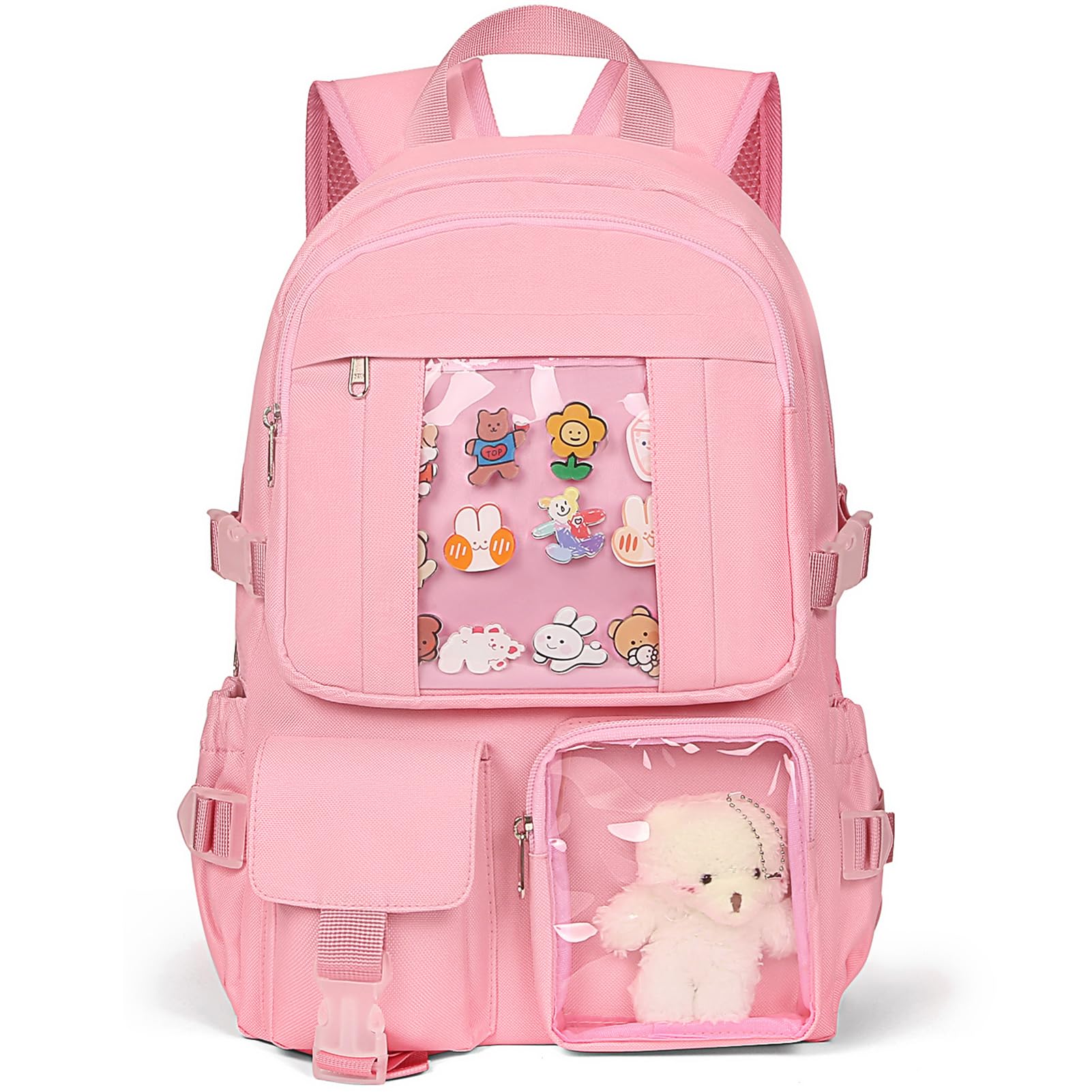 Kawaii Backpack for Girls, Cute Aesthetic Backpack for School, Kawaii Bookbag with Pins Accessories and Pendant, Pink